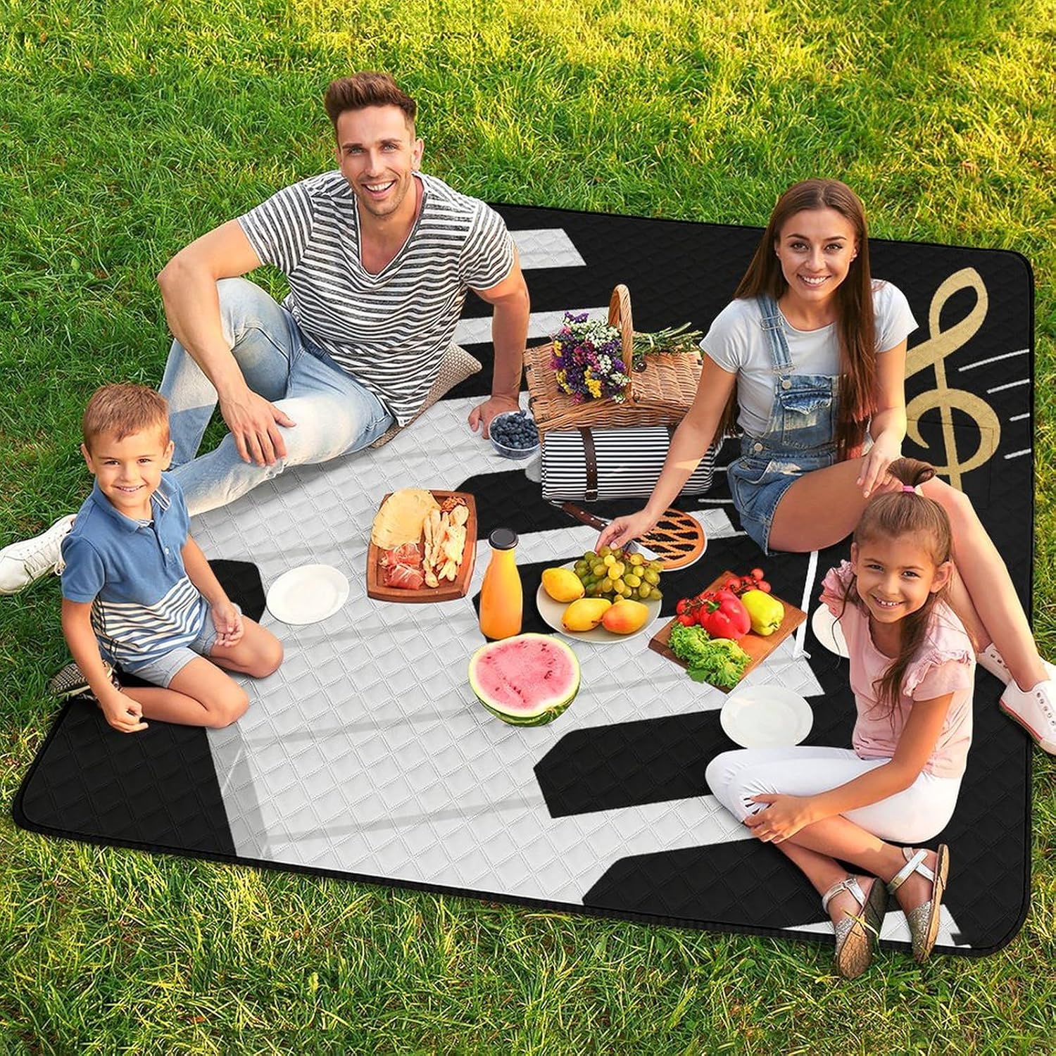 Black White Music Picnic Blanket 200x200cm, Foldable 2-in-1 Picnic Mat and Tote Bag Portable Waterproof Beach Mat Sandproof Outdoor Blanket for Park, Hiking, Beach, Camping, Travel