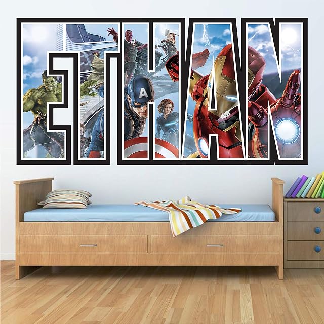 Childrens Personalised Name Wall Stickers for Kids/Boys/Girls Bedroom - Your Name in Marvel Avengers Superhero, Spiderman, Hulk, Thor Design Stickers/Decals/Wall Art - High Qualty Vinyl (Extra Large)