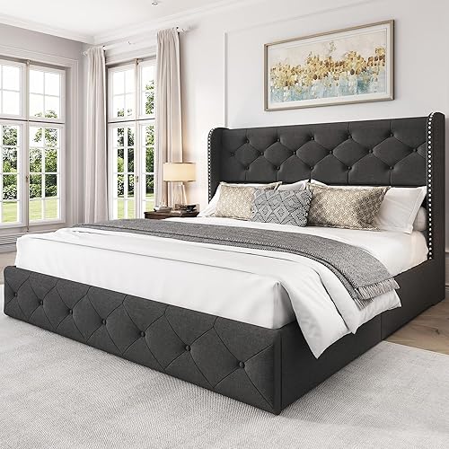 Miniatura 90 de LARMACE - Marco de cama tamaño King con 4 cajones de almacenamiento y cabecera tapizada con botones, cama de plataforma tapizada en lino con