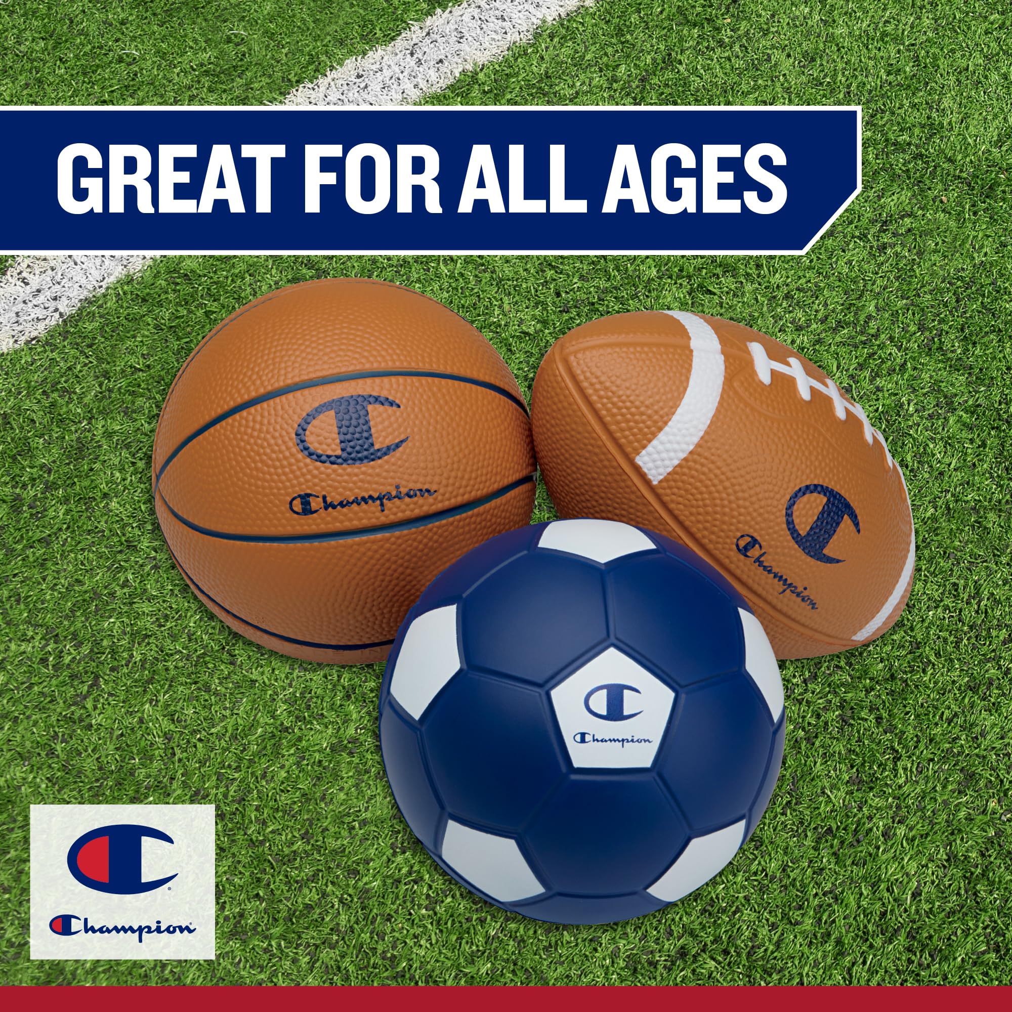 Champion Multi-Sport-Schaumstoffball-Set für Kinder (3er-Pack), weicher PU, Mini-Fußball, Basketball und Fußball, mit robuster Schaumstoffkonstruktion, sicher für Hinterhof, Spielplatz, Schule und