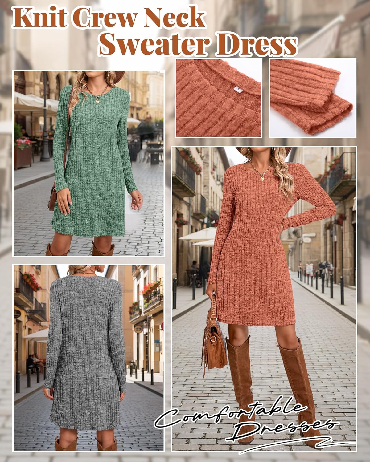 Riyiper 3 Pack Women's Long Sleeve Sweater Tunic Dresses - Loose Fitting Knit Crew Neck for Casual Fall Winter - Image 6