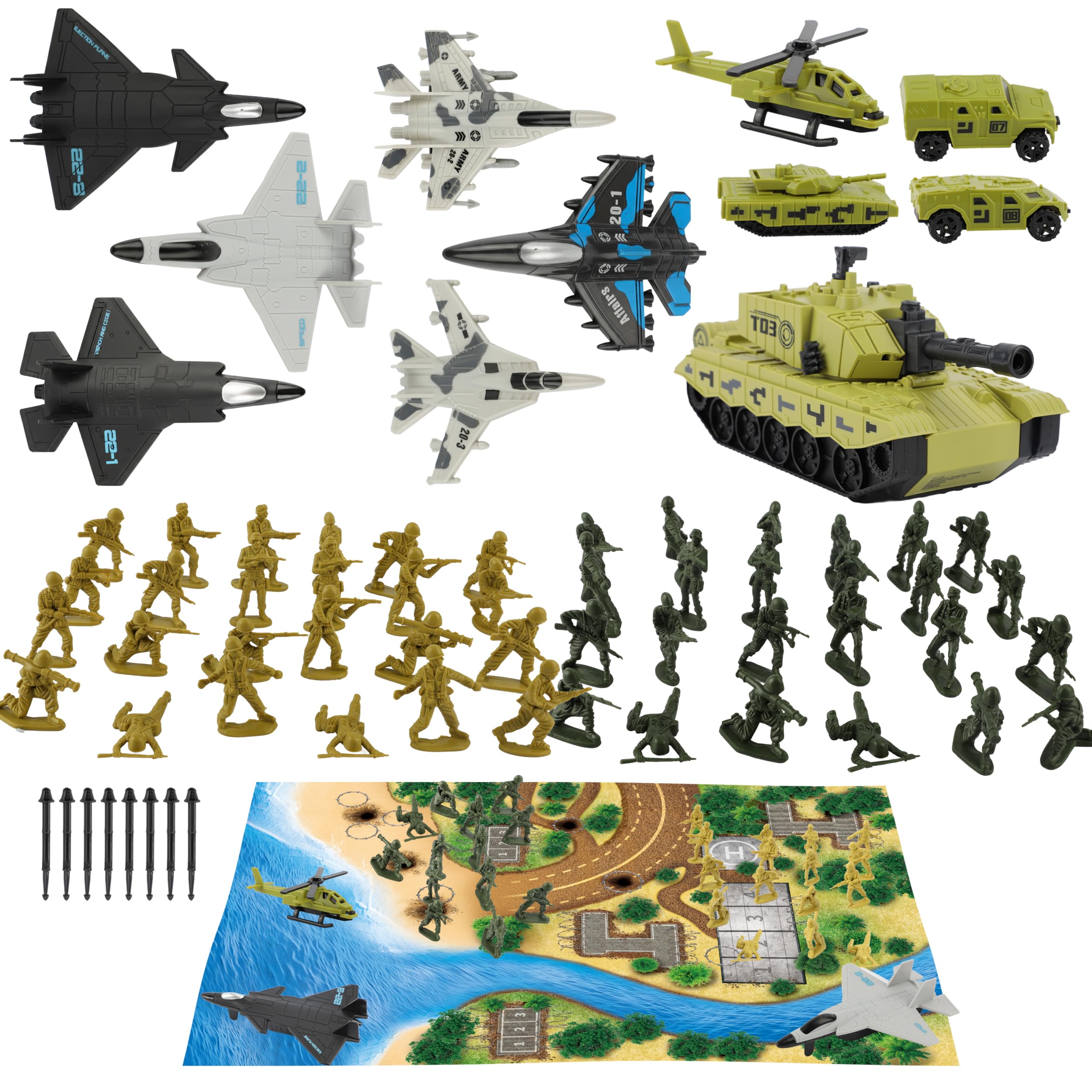 TOY Life Set de Juguetes de Soldados, Figuras de acción de plástico Verde, Juguetes para niños, Set de Soldados con vehículos - Juguetes para niños de 4 a 12 años