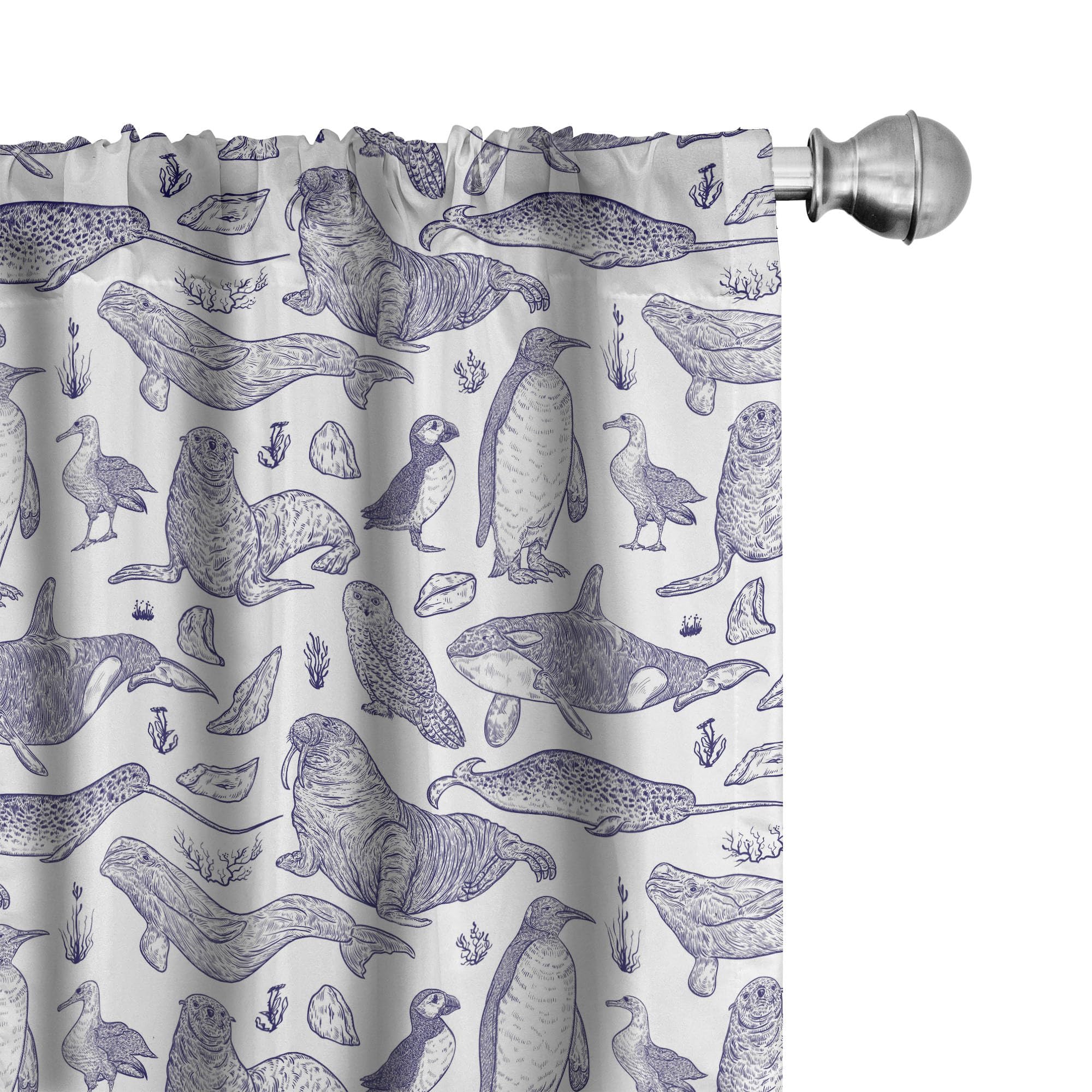 Ambesonne Animal Curtains, Sketchy Drawn Arctic Narwhal Snowy Owl Albatross Beluga Whale Penguin, Window Treatments 2 Panel Set for Living Room