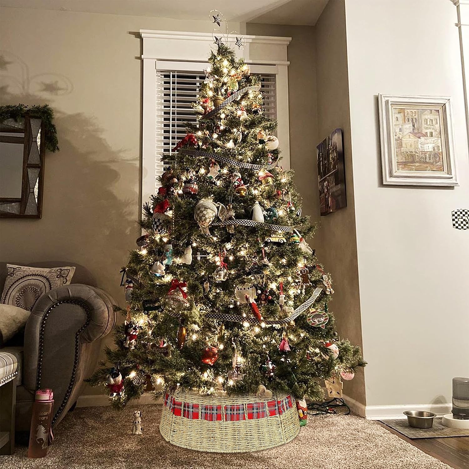 Blissun Christmas Tree Collar, Rattan Farmhouse Christmas Tree Ring, Natural Woven Rustic Christmas Tree Skirt (Plaid, Large)