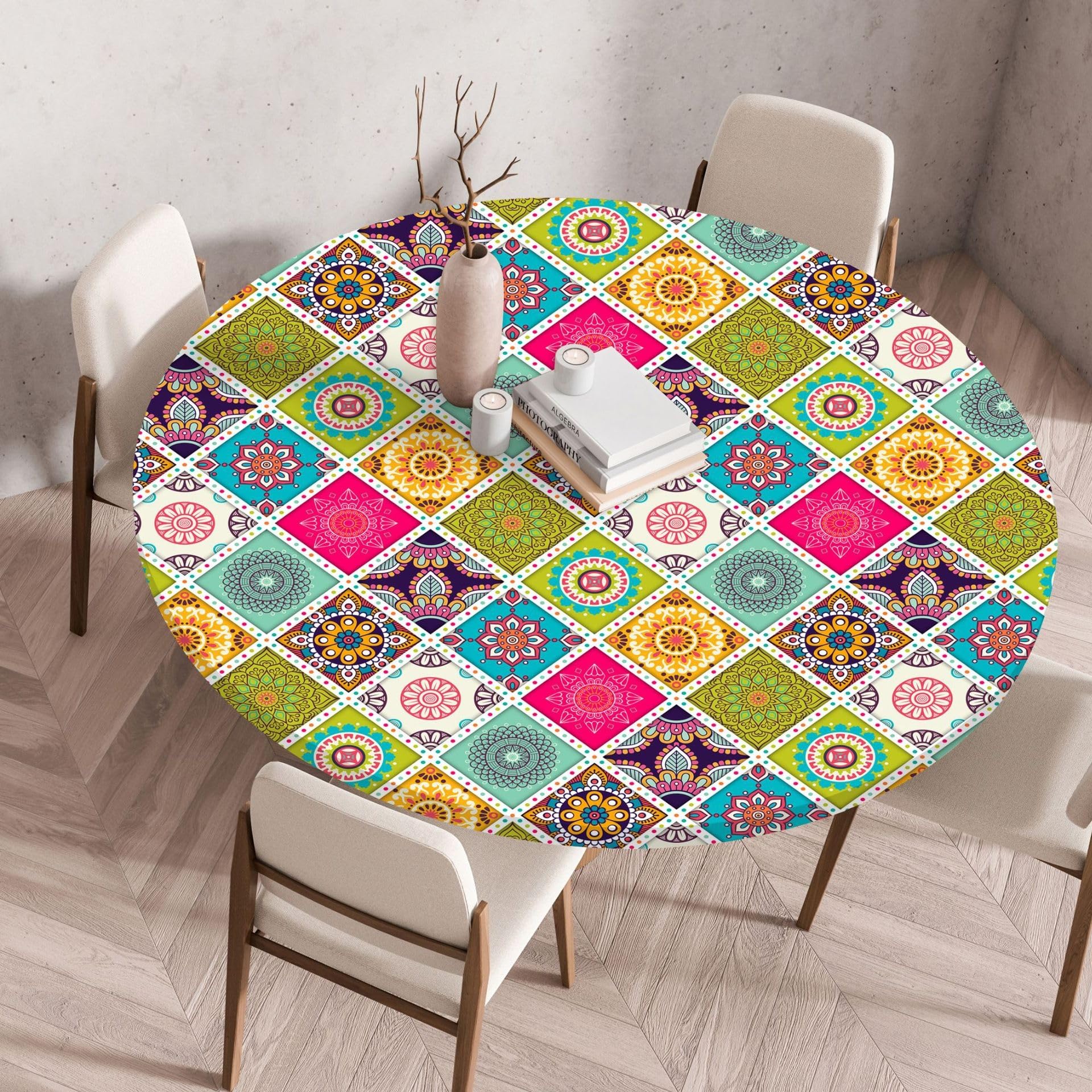 Boho Tablecloth Round, Outdoor Tablecloth Washable Round, Elastic Garden Tablecloth Weatherproof Tablecloth with Elastic Band for Balcony, Garden (Style 5.130 cm)