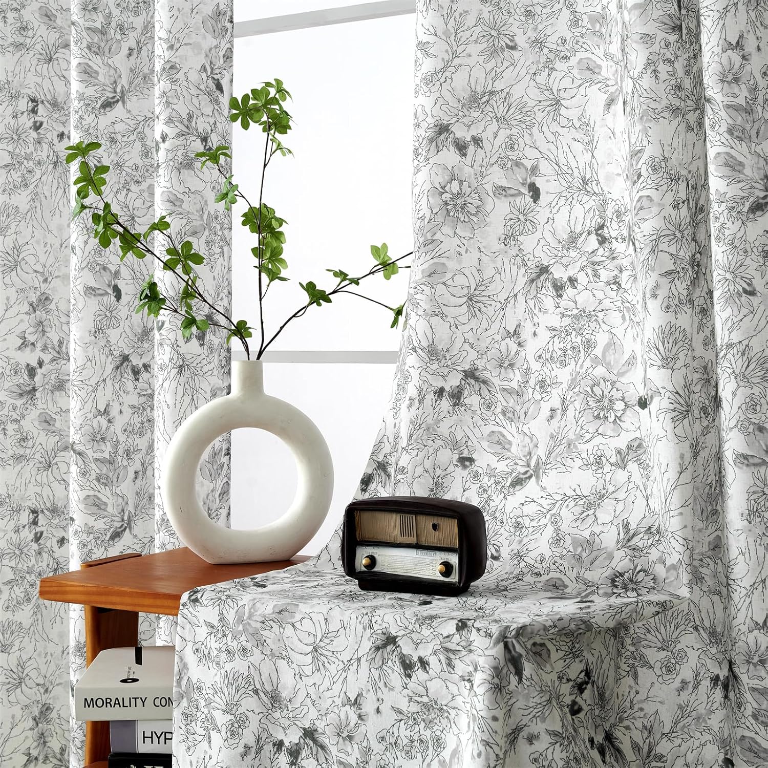 Linen Blend Printed Boho Curtains for Living Room 84 Inch Length Patterned Farmhouse Bohemian Floral Sheer Curtains 2 Panels Grey Black