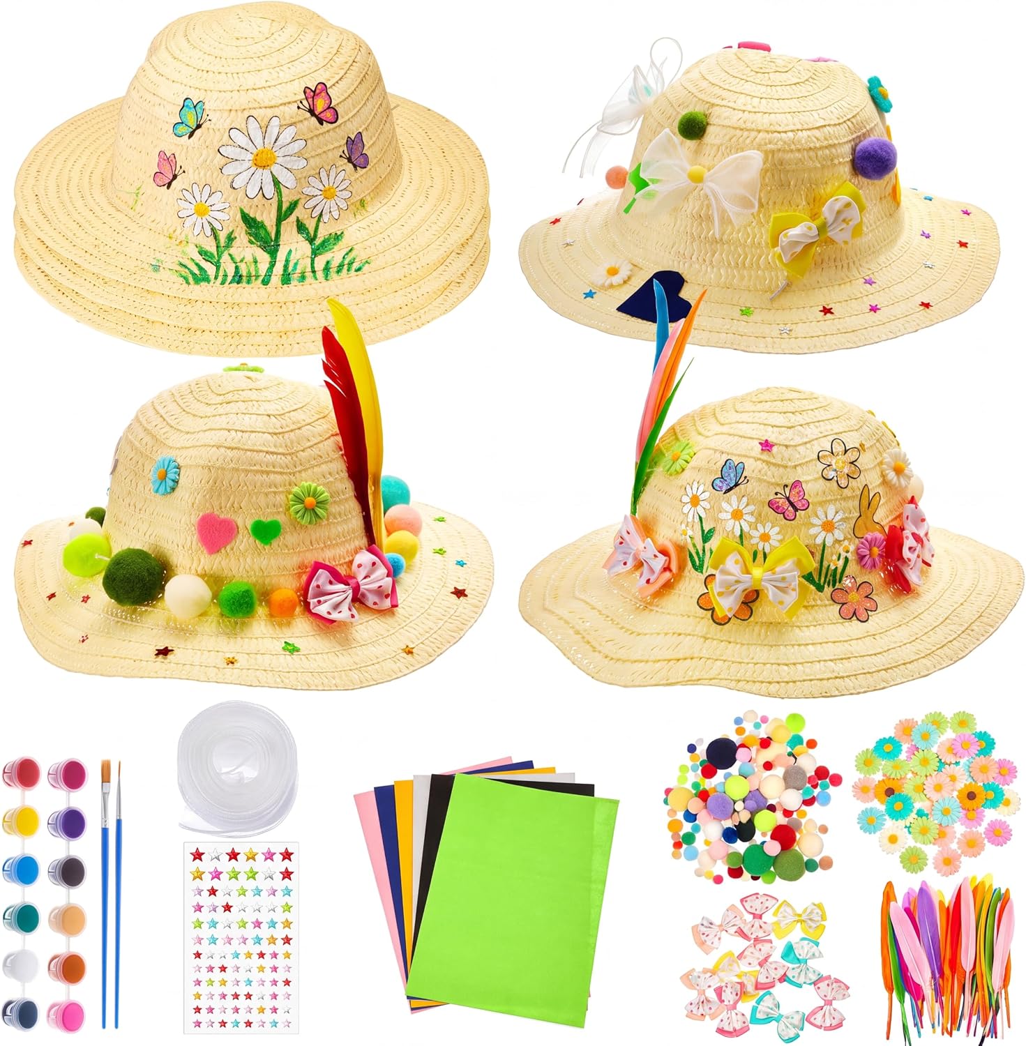 Chicingyou 123 Pcs DIY Tea Party Girls Straw Hats Bulk Include 12 Straw Hats Paint Bows 50 Colorful Feathers 40 Resin Daisies for Party Craft and Dress up,Not suitable for adults