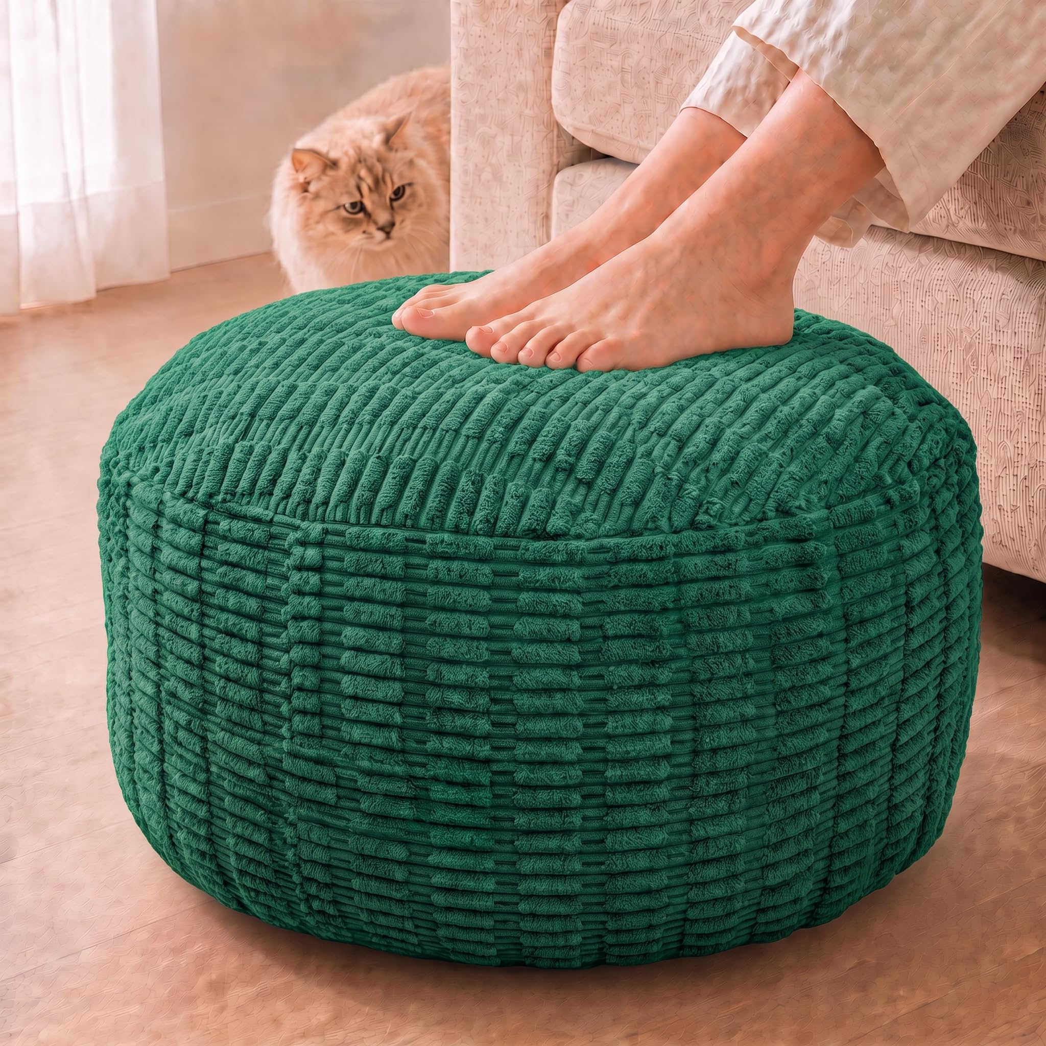 Round Pouf Ottoman, Dark Green, 28"x14", Corduroy Foot Rest