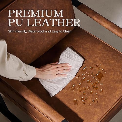 Miniatura 24 de Yaheetech Sillón de piel sintética, silla retro de ocio con acolchado y cojín extrasuave, moderna silla de lectura con marco de metal negro para