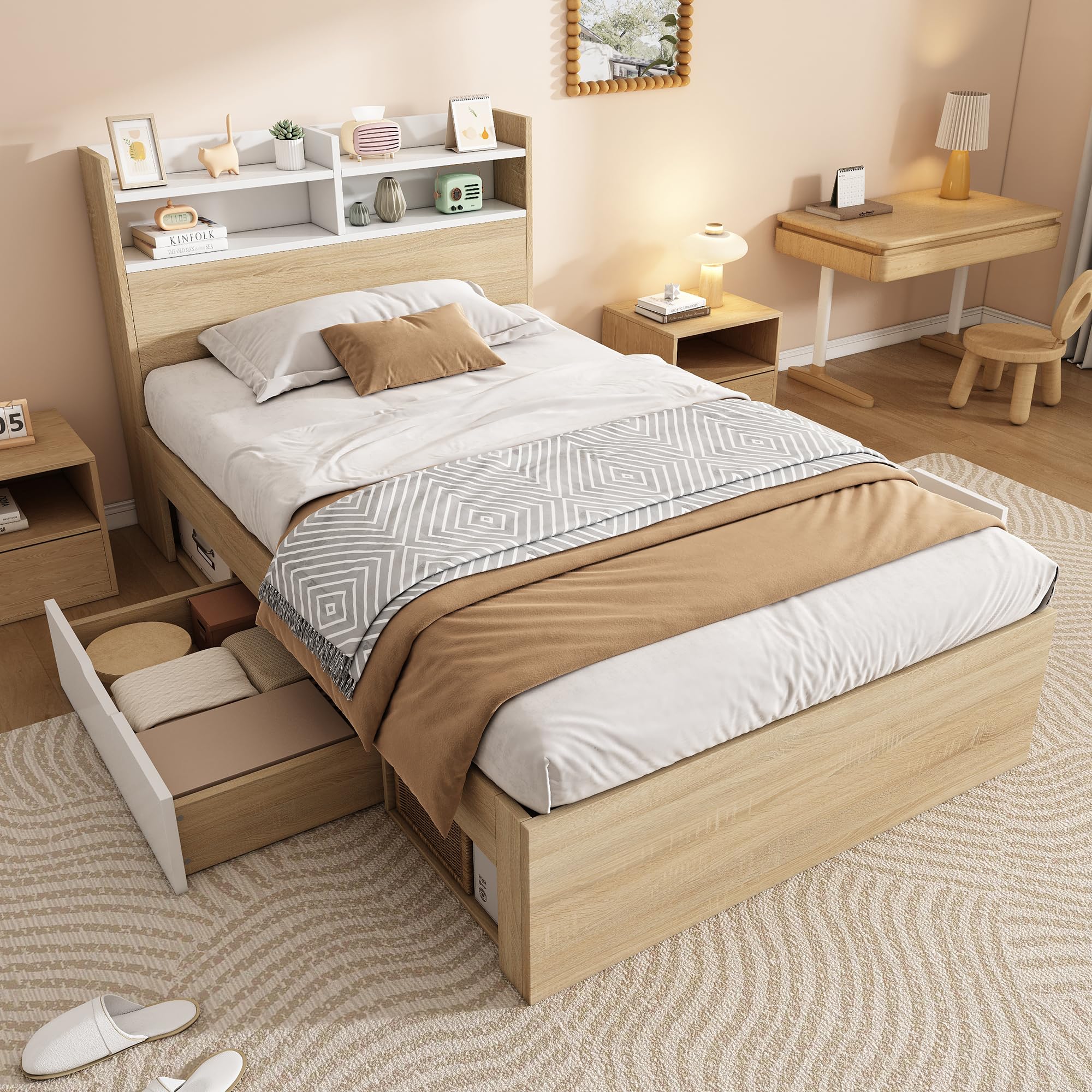 Cama individual 90 x 190 cm, cabecero con estante de almacenamiento, 2 cajones, cama de madera maciza, ideal para habitaciones compactas, sin colchón, natural