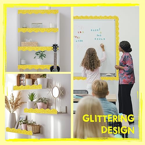 Miniatura 60 de Bordes de tablón de anuncios de 60 pies, borde ondulado amarillo puro con diseño de línea ondulada para la escuela, el aula y las oficinas Amarillo