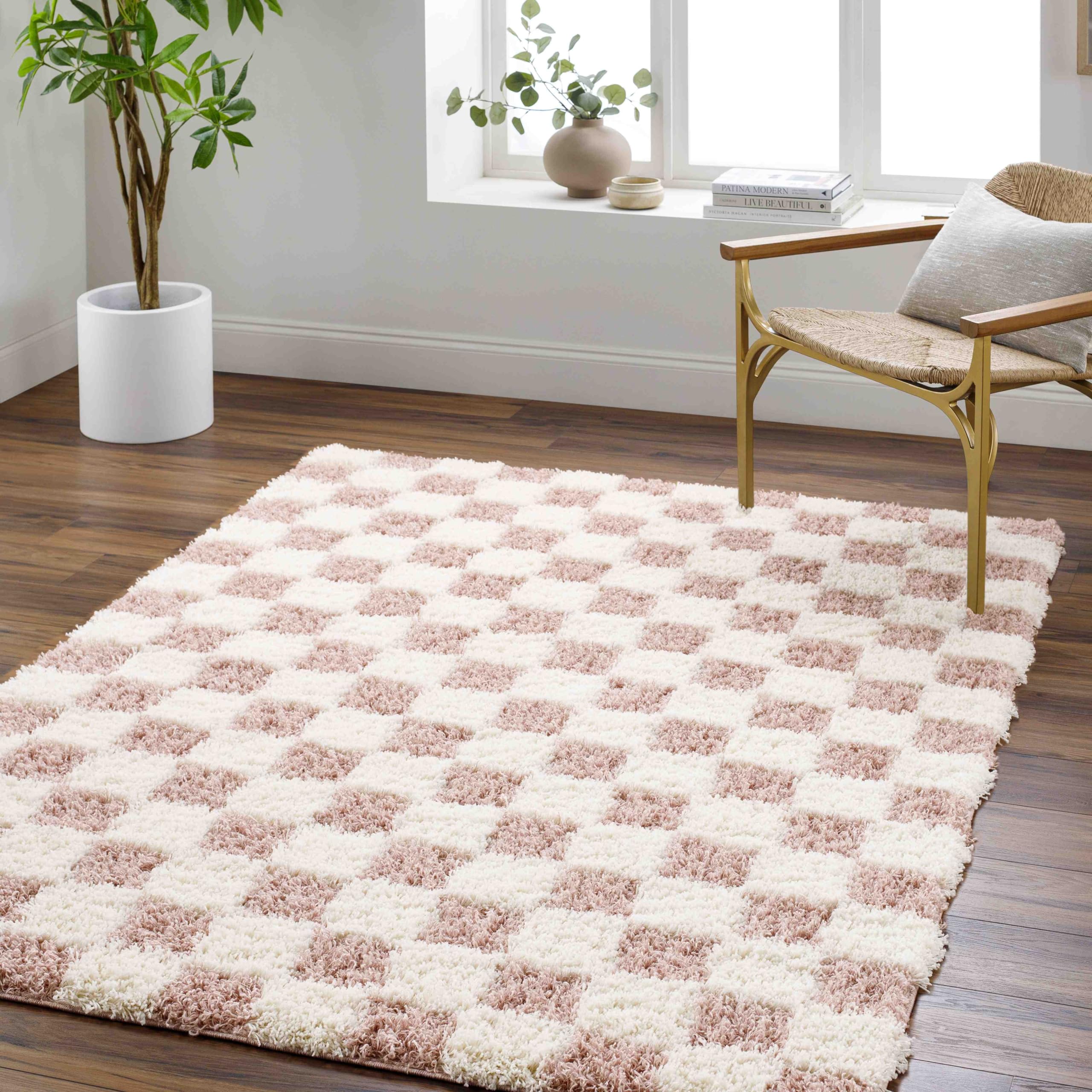 Mark&Day Area Rugs, 5ft x 8ft Bondurant Modern Shag Dusty Pink Checkered Rug, Cream Pink Carpet for Living Room, Bedroom or Kitchen Pink and Mauve