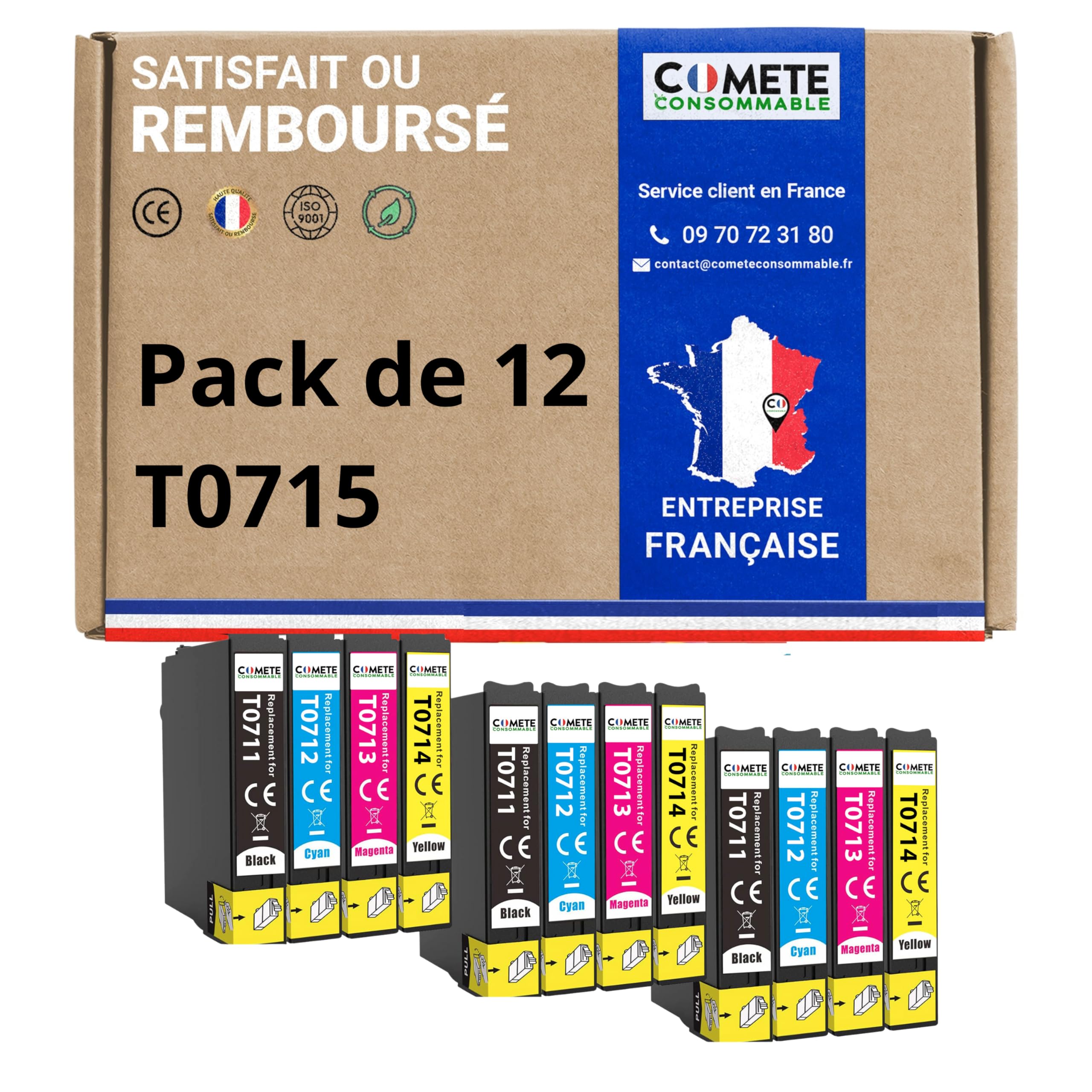 COMETE - T0715 - Pack 12 Cartucce d'Inchiostro Sostituzione per Epson T0715 Ghepardo (T0711 + T0712 + T0713 T0714) - per Epson T0715 Stylus (3 Nero 3 Ciano 3 Magenta 3 Giallo)