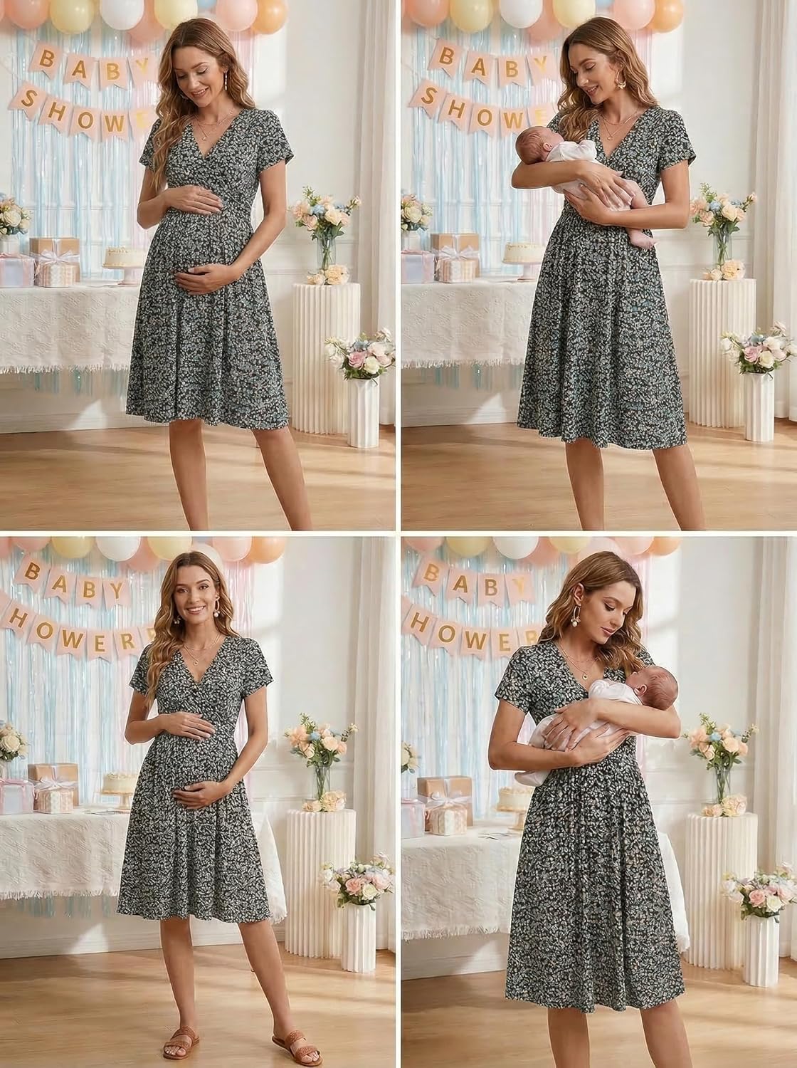 OUGES Maternity Nursing Dress Breastfeeding Short Sleeve V Neck Casual Pregnancy Clothes with Pockets