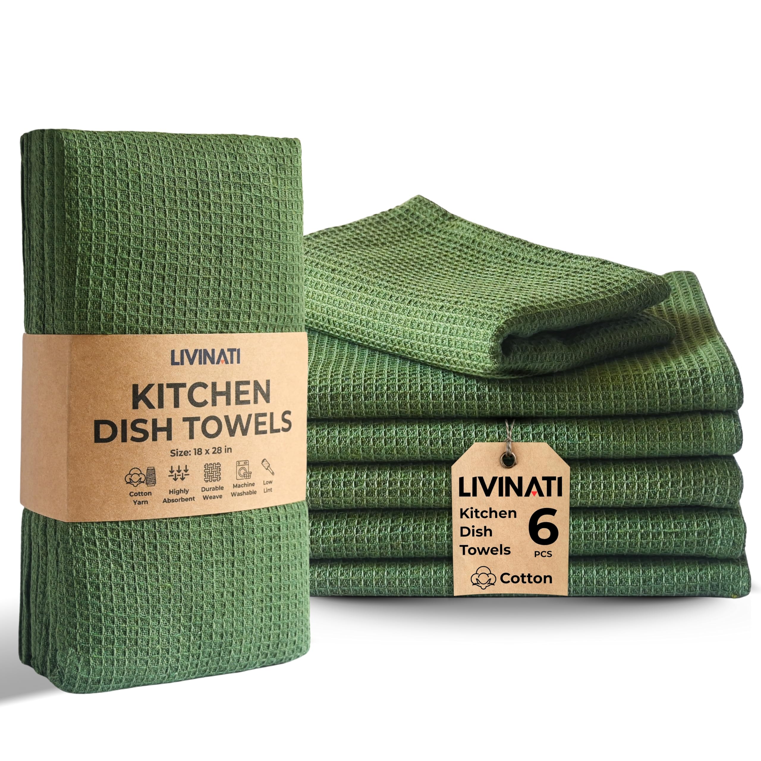 LIVINATI Highly Absorbent Cotton Dish Towels for Drying - Set of 6 Sage Green Kitchen Towels - 18"X28" Lint Free Waffle Weave Cloth Linen Hand Bathroom Bulk Dishtowels