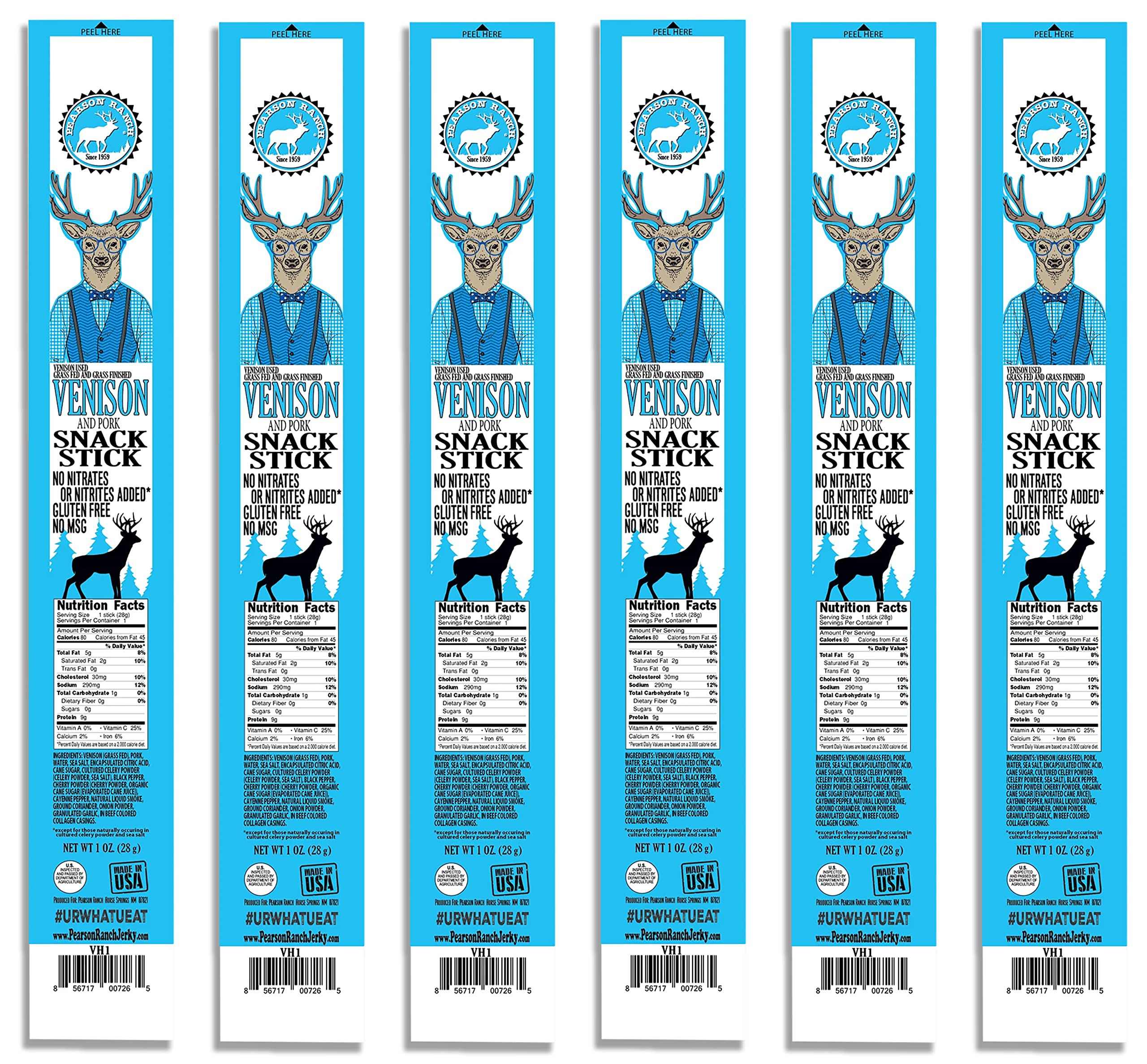 PEARSON RANCH Venison Meat Sticks 1 Ounce Venison Jerky Sticks Pack of 6 - Exotic Meat, Low-Carb, Gluten-Free, MSG-Free, High Protein, Paleo and Keto Friendly, Game Meat Sticks