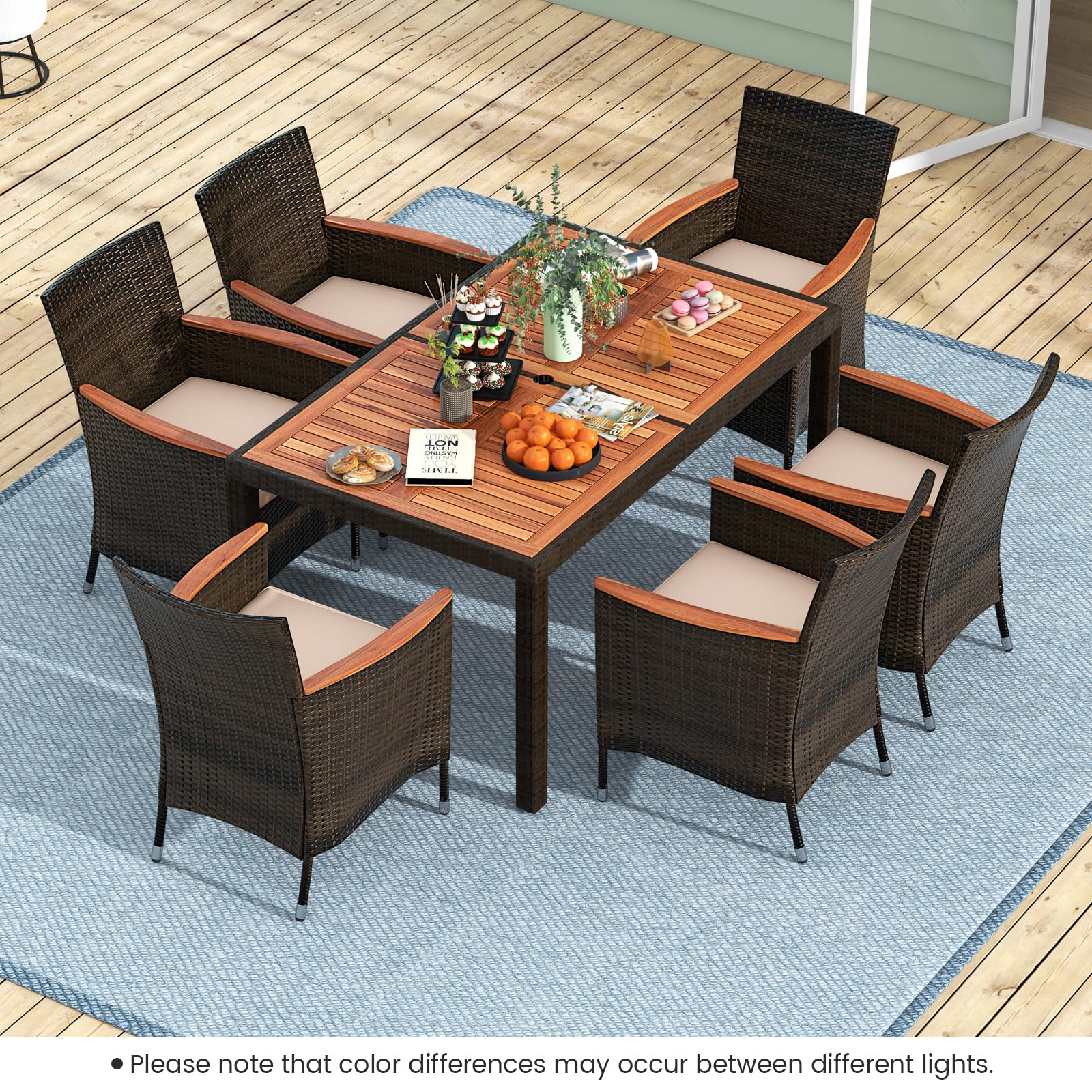 COSTWAY 7PCS/9PCS Garden Rattan Furniture Set, Patio Dining Table and Chairs Set with Acacia Wood Top, Stackable Chairs and Cushions, Outdoor Dining Wicker Conservatory Set for Balcony Lawn (7-Piece) — view 7