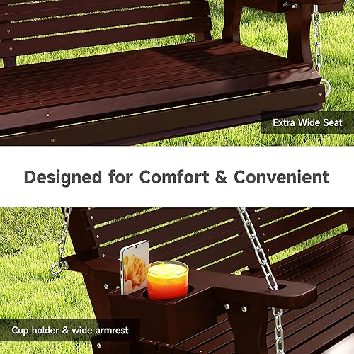 Miniatura 4 de Real Relax Columpio de porche delantero, banco de madera de 2 plazas para exteriores con portavasos, cadenas colgantes, 880 libras, asiento profundo