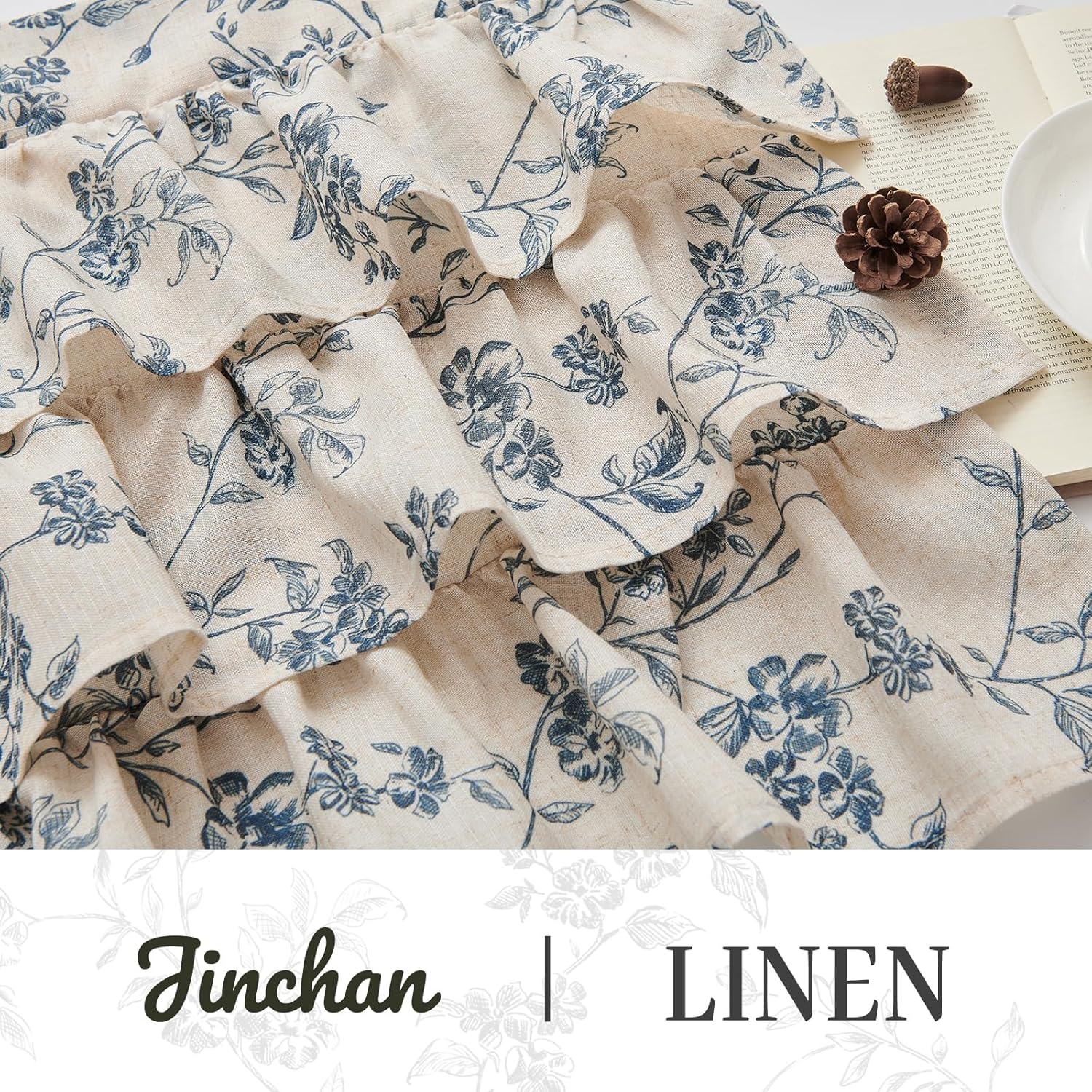 jinchan Ruffled Floral Valance Curtain Shabbychic Linen Window Valance 18 Inch Farmhouse Rustic Window Treatment for Kitchen Bedroom Living Room Rod Pocket 1 Panel Blue on Linen