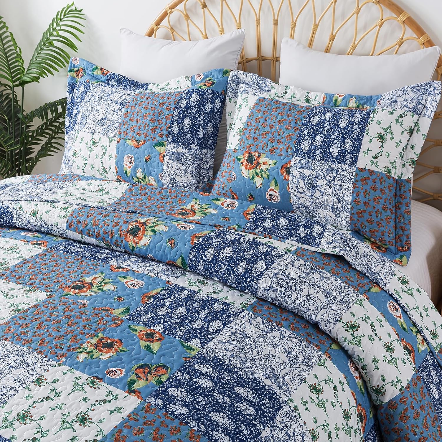 BEDIFANY Quilts Queen Size Bedding Set - Cotton-Filled Lightweight Bedspreads Queen Size (90 x 98 inch) with Garden Pattern - Reversible Farmhouse Queen Quilt Bedding Sets for Decorations, 3 Pieces - Image 4