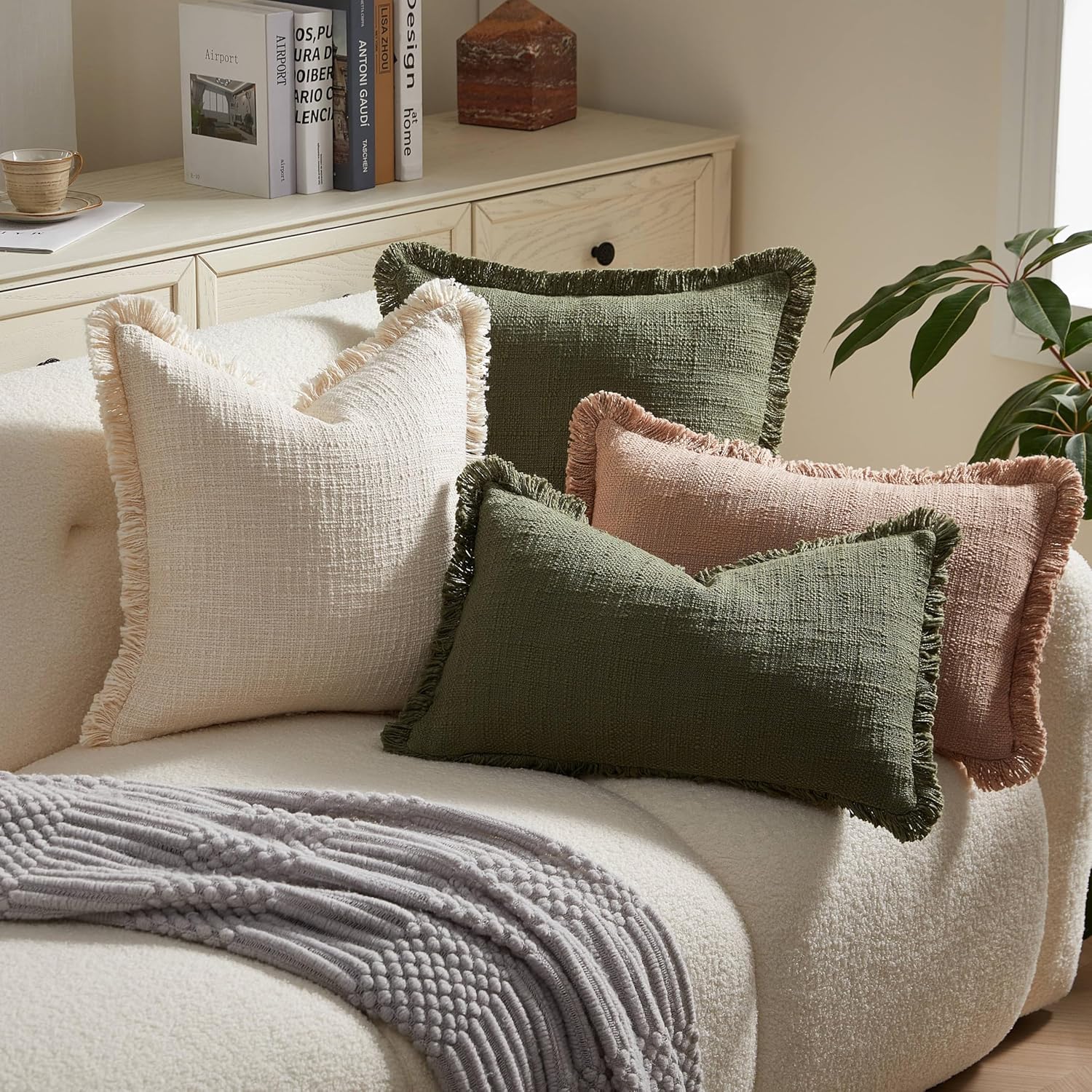 Decorative Throw Pillow Covers Set of 2,18x18 Inch Boho Farmhouse Cushion Covers with Tassels Natural Fringe Design for Couch Sofa Living Room Decor (Beige, 18"x18"(Pack of 2))