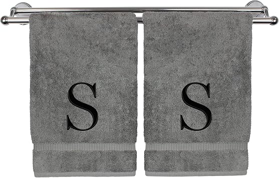 Monogrammed Hand Towel, Personalized Gift, Set of 2- Black Block Letter Embroidered Towel - Extra Absorbent 100% Turkish Cotton - Soft Terry Finish - Initial S Gray