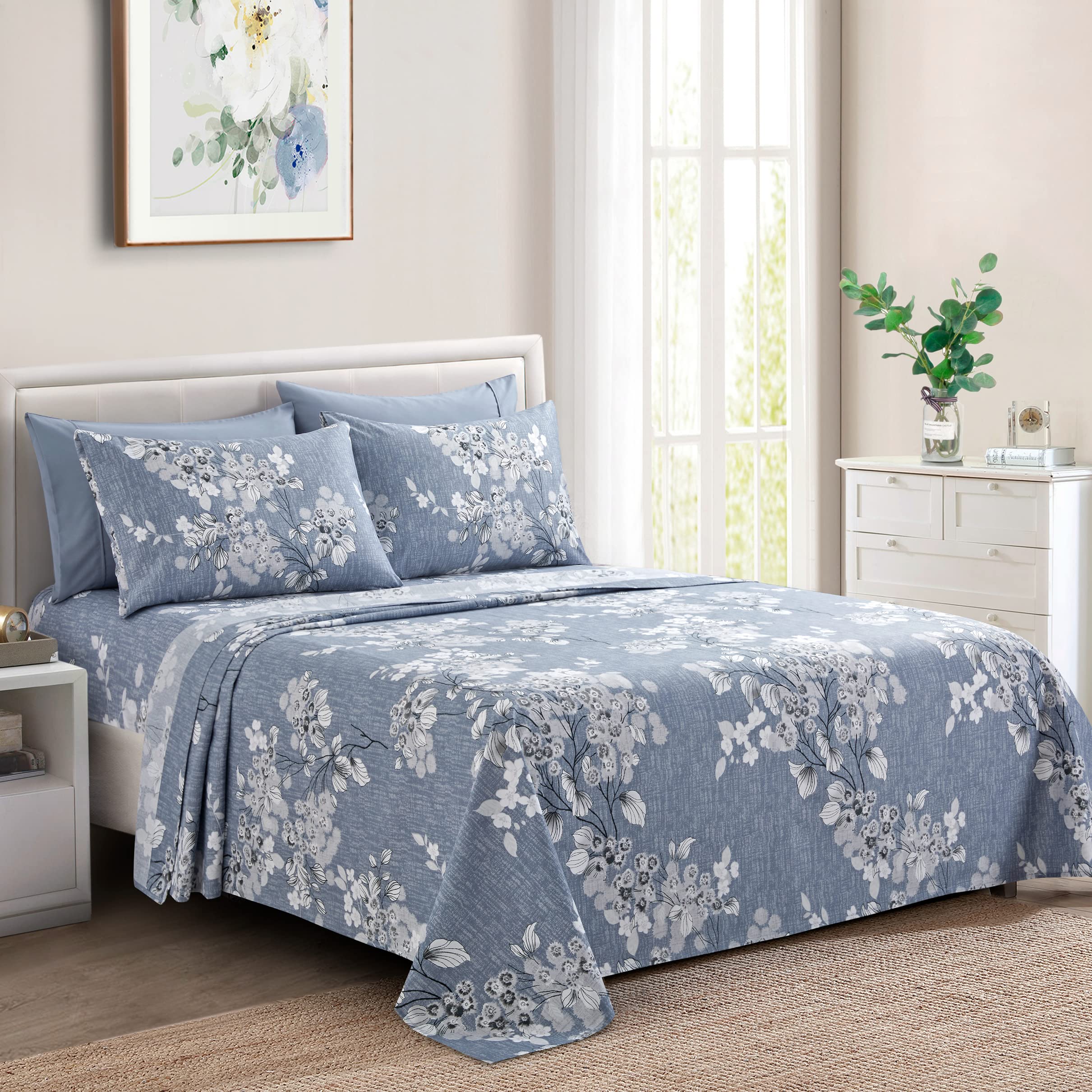 Marina Decoration Ultra Soft Silky Deep Pocket Rich Printed Bedding Rayon from Bamboo All Season 4 Pieces Sheet Set with 2 Pillowcases, Romantic Inkwash Floral Pattern Twin/Single Size