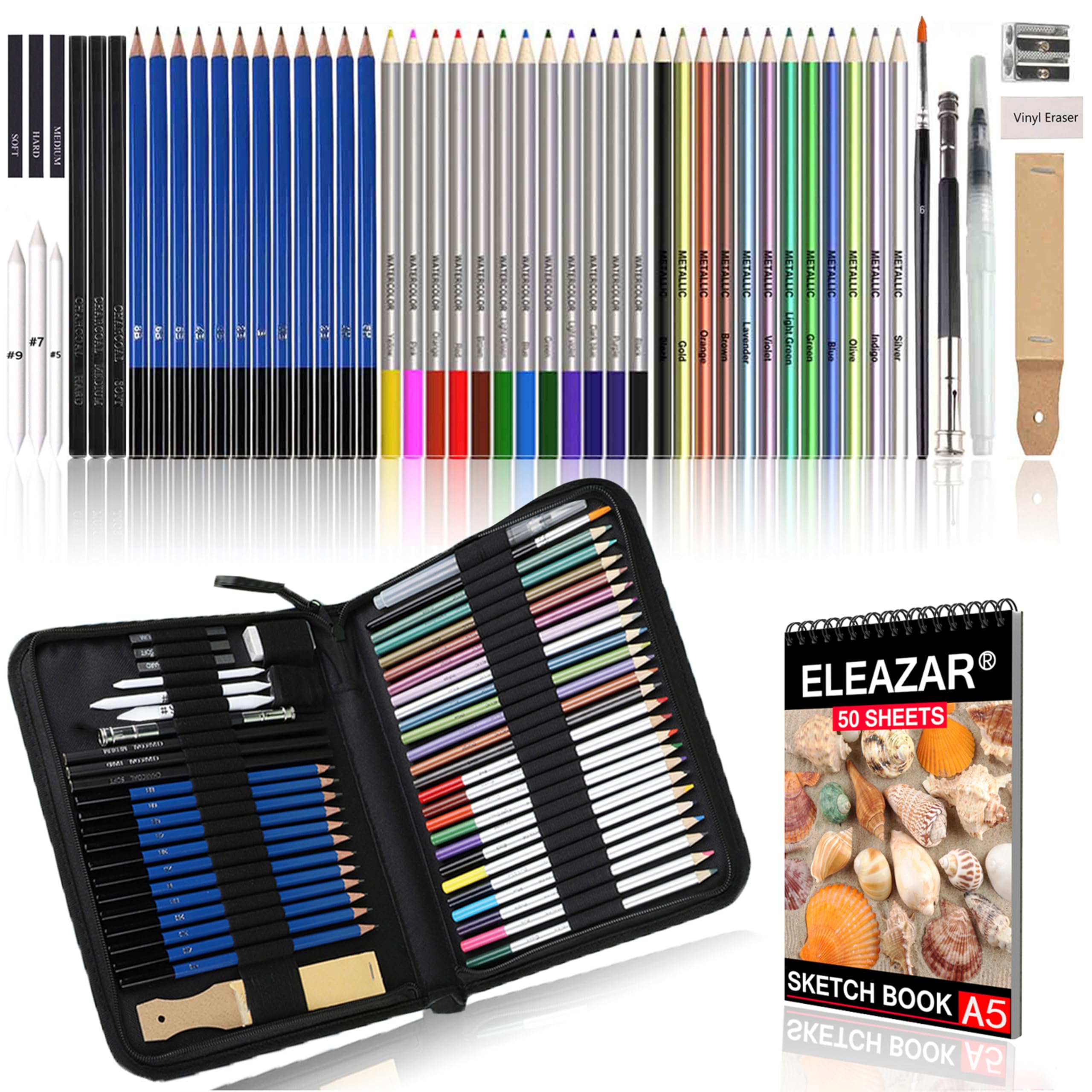 ELEAZAR 53 PCS Art Supplies Sketching Kit with 50 Sheets A4 Sketch Book, Graphite Colored Charcoal Watercolor & Metallic Pencils, School Supplies Gifts for Artists Adults Teens Girls Boys Kids