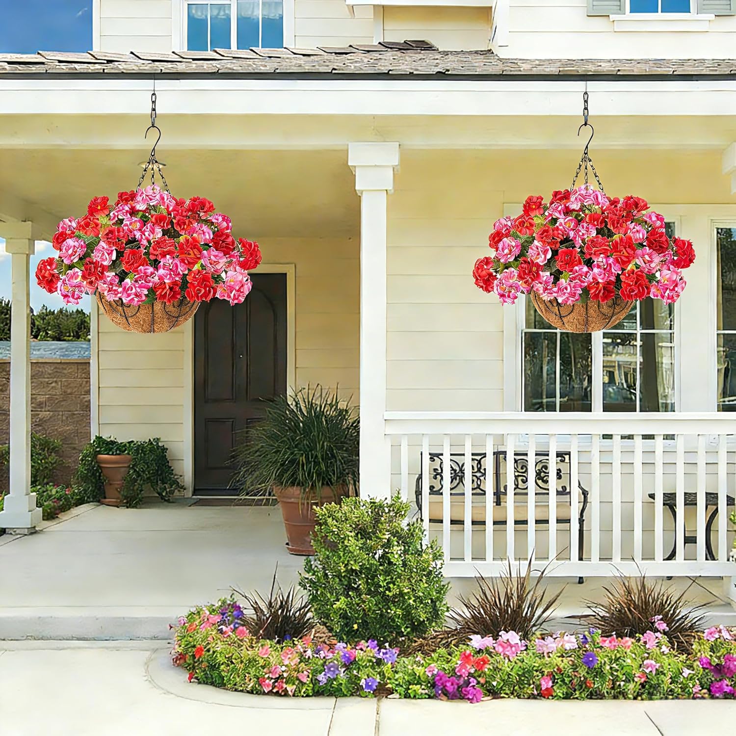 INSPRING Geraniums Artificial Flowers Hanging Basket for Outdoors Outside Spring Decoration, 8 Bundles Silk Flowers Fake Plants Look Real UV Resistant for Porch Home Patio Balcony Yard, Red Pink