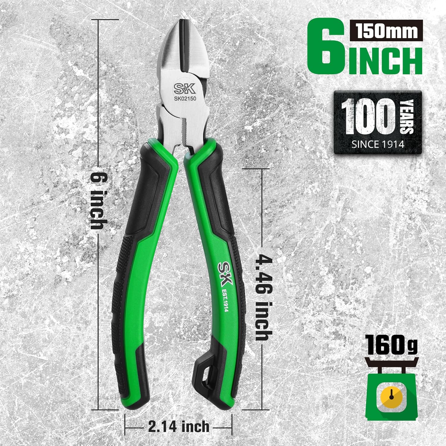 SK 6-Inch Diagonal Pliers, High Leverage Side Cutters, High Carbon Steel, Ergonomic Anti-slip Handle for Comfortable Grip