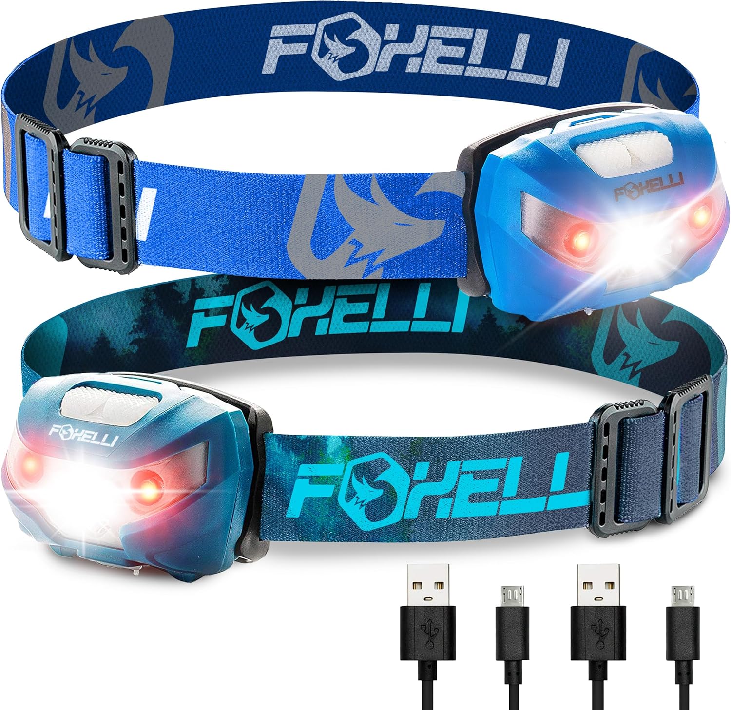 Foxelli Rechargeable Headlamp Bundle of 2 – Blue & Forest: Super Bright LED Head Lamps, Lightweight & Comfortable for Running, Camping, Hiking & Work