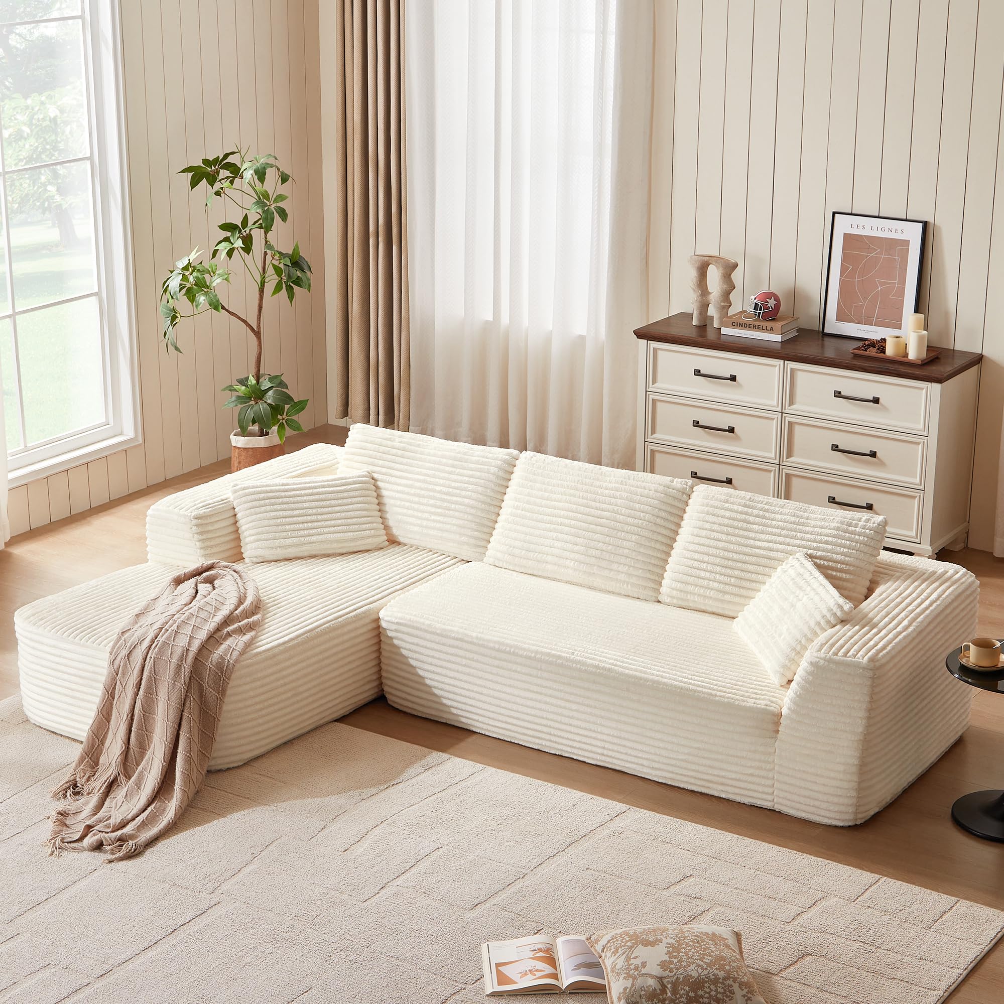 LINSY HOME Ecksofa mit Schlaffunktion - 270cm Corduroy Modulares Schlafsofa, L Form Couch, Sofa 3 Sitzer mit Ottomane, Sektionssofas für Wohnzimmer, Keine Montage erforderlich