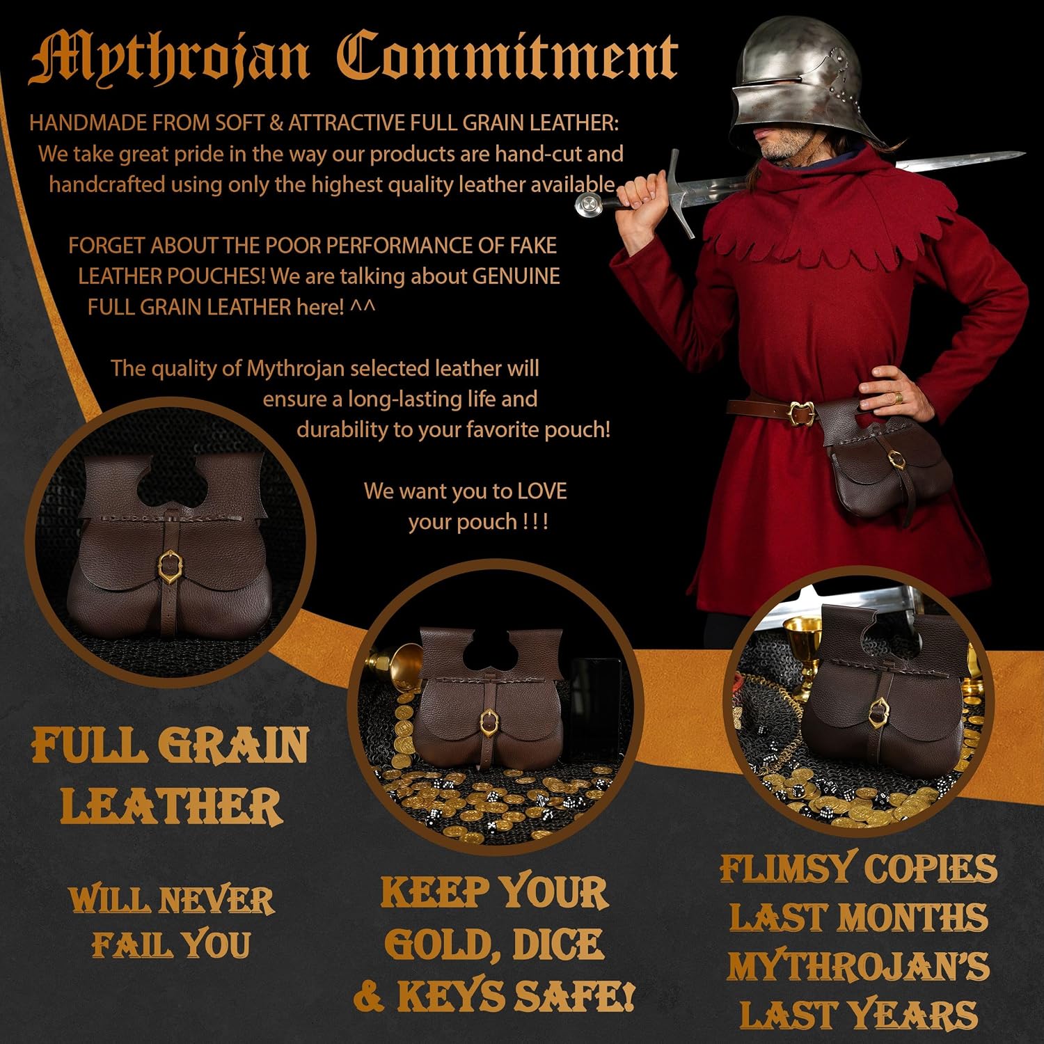 Mythrojan Medieval Leather Pouch Vintage Renaissance Retro Belt Pouch Viking Style Coin Purse Bag with 100% Genuine Leather for LARP, Cosplay, Reenactment, Medieval Events - Brown