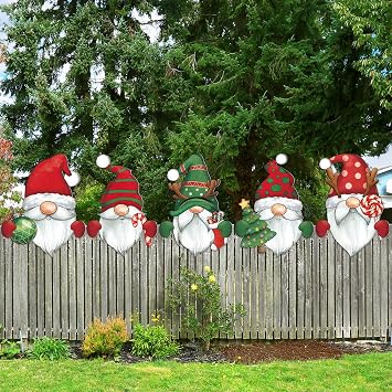 Barydat 5 Pcs Christmas Fence Peeker Decoration Peeking Garden Yard Decorations Outdoor Xmas DIY Cute Garden Fence Sign Ornament for Home Yard Sign Art Patio Holiday DecorGnome