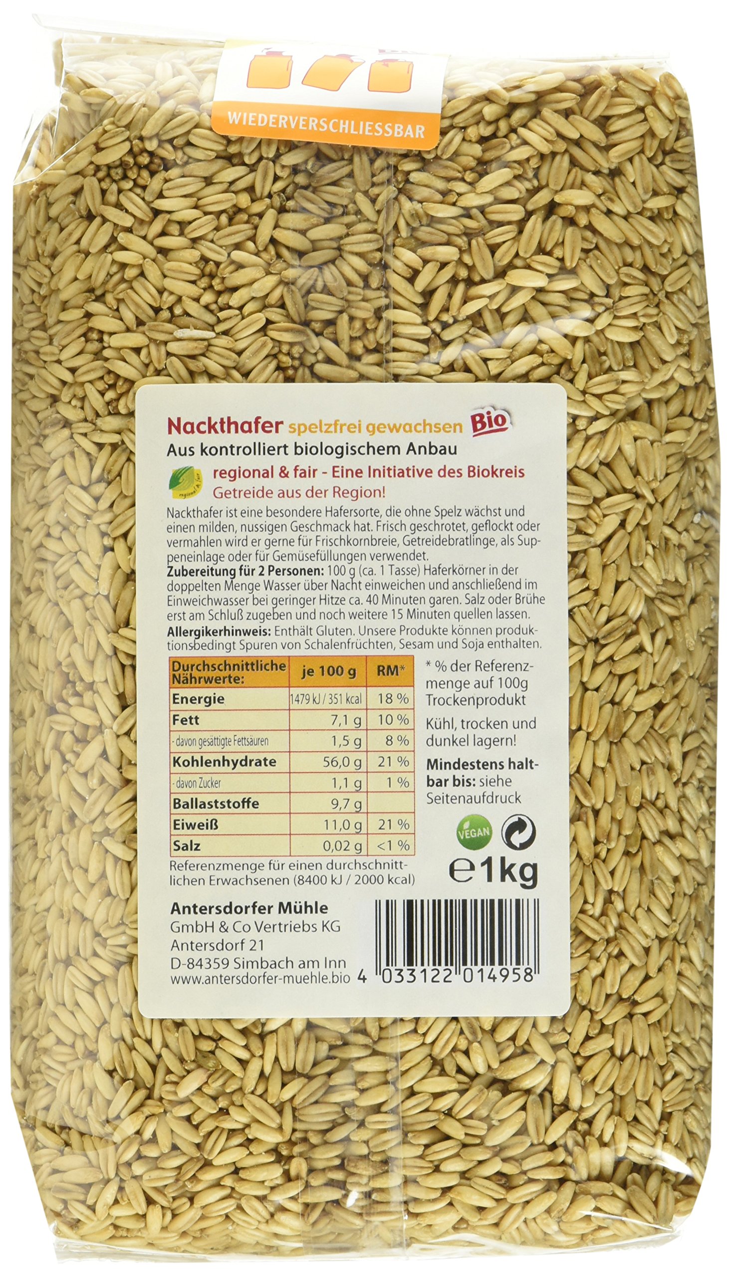 Antersdorfer Mühle Nackthafer, 6er Pack (6 x 1 kg) - Bio