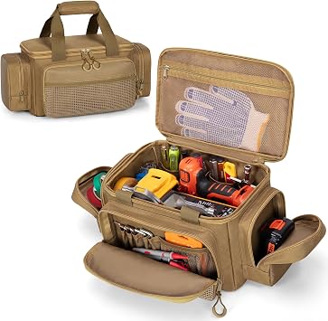 Small Tool Bag with Anti-friction Bottom, Tactical 12" Tool Tote for Men, Hand Tool Storage Organizer for Electrician, Repairman and Carpenters, Khaki