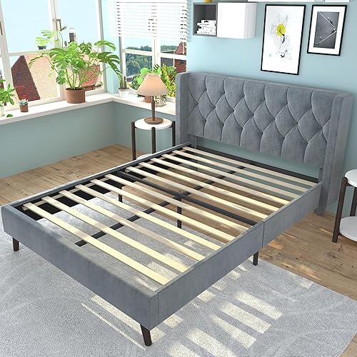 Miniatura 7 de Chenoa Base de cama tapizada tamaño matrimonial con plataforma copetuda con cabecera con respaldo de ala, base de colchón de listones de madera, no