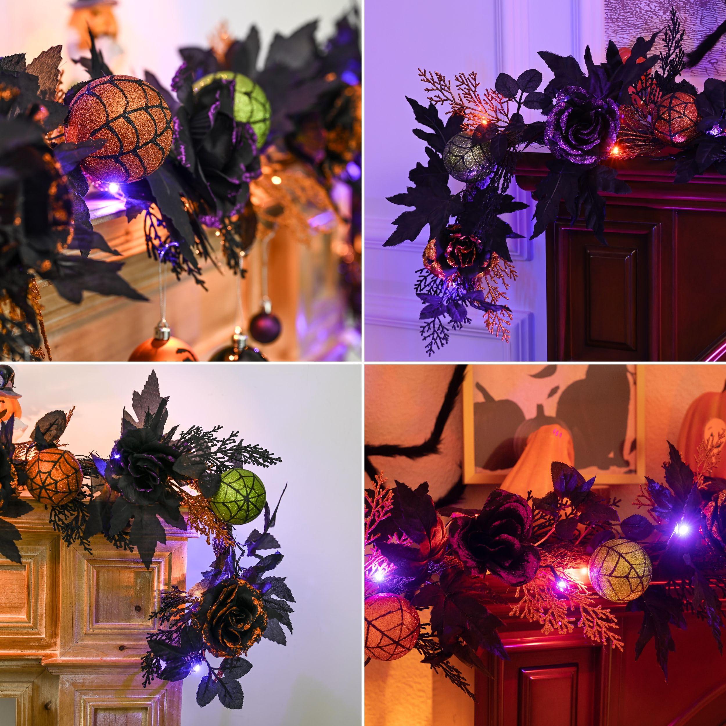 Valery Madelyn Guirlande d'Halloween pré-éclairée de 1,8 m avec boules de roses artificielles, décorations d'Halloween avec lumière LED pour porte d'entrée, décoration de fête d'intérieur d'Halloween