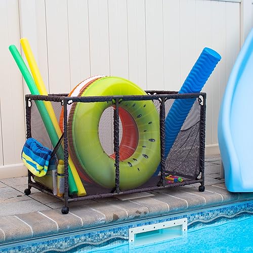 Miniatura 3 de Pool Bins Soporte para fideos de piscina, juguetes, bolas, flotadores y equipos, cubo organizador de almacenamiento de malla, altura para niños,