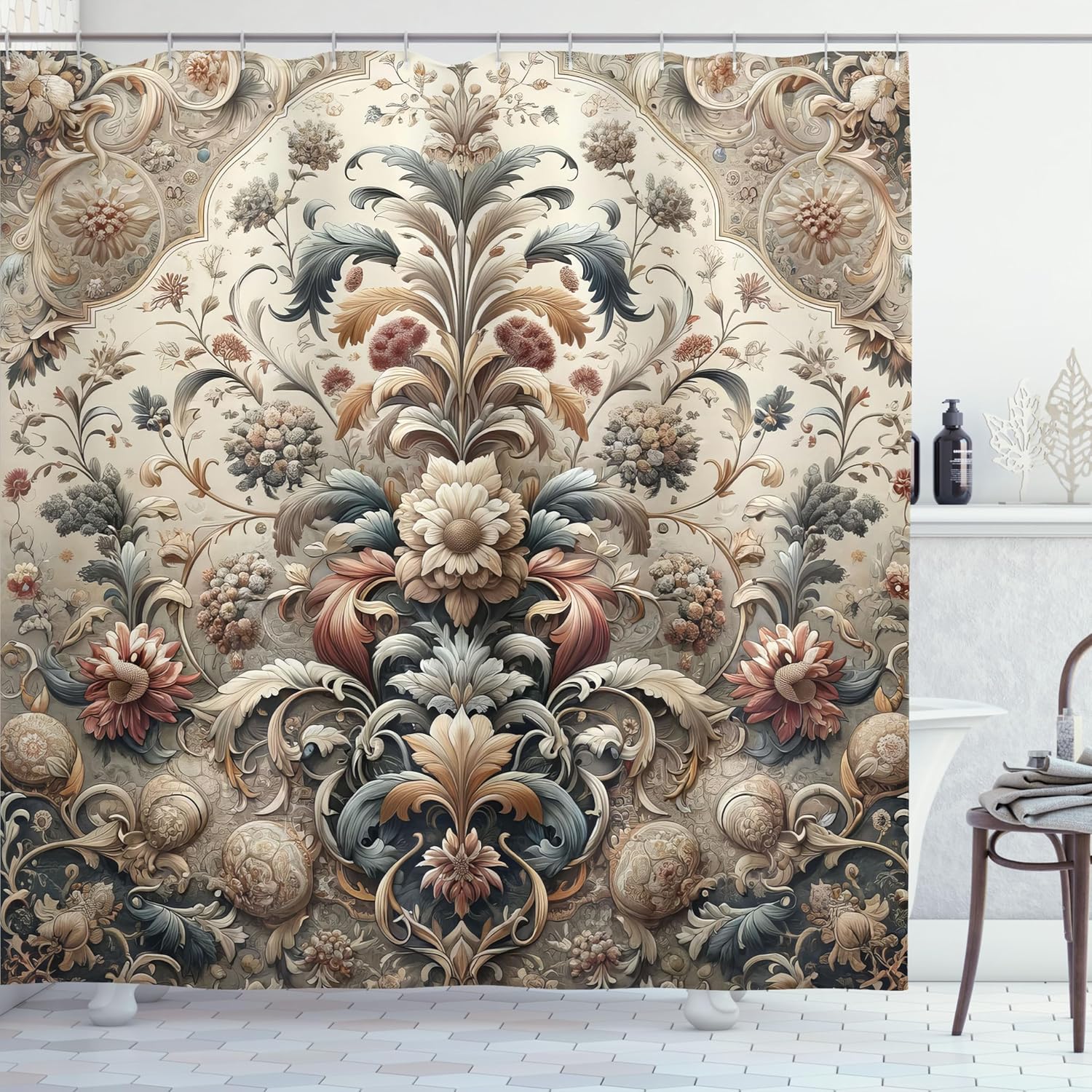 Ambesonne Rococo Shower Curtain, Palatial Ornaments of Flowers with Ethnic Influences Posh Blooms, Cloth Fabric Bathroom Decor Set with Hooks, 69" W x 70" L, Tan Dark Blue and Pale Ruby