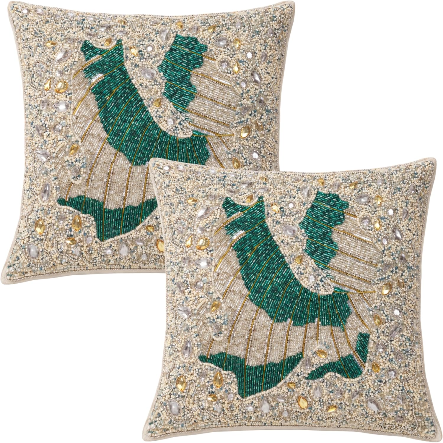 Luxury Hand-Beaded Square Cushion Cover - 14x14 Set of 2,Throw Pillow with Elegant Design - Handmade Accent Pillow by Indian Artisans -Wing Designs Silver Teal Multi