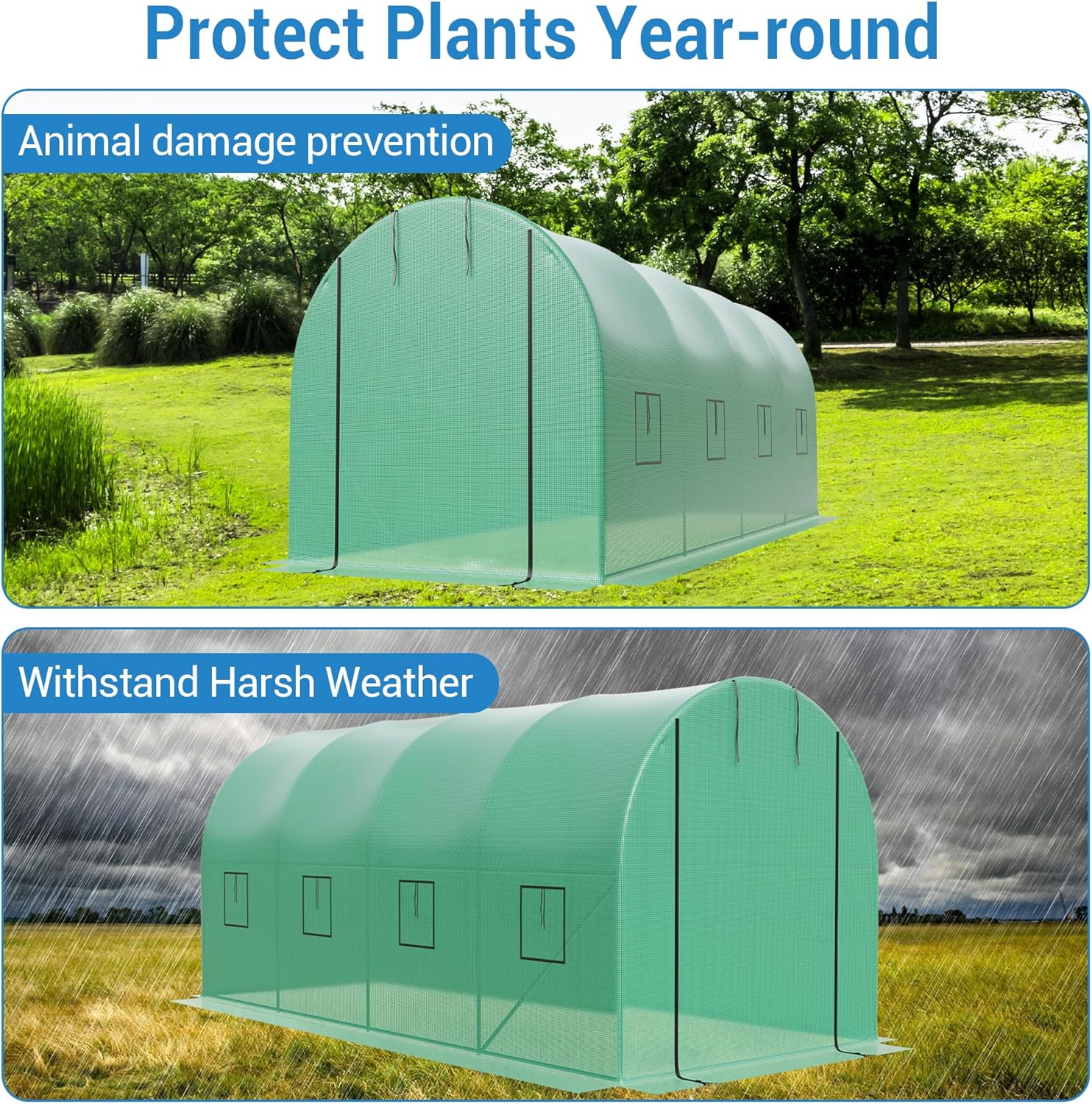 6.5 ft x 15 ft Heavy Duty Walk-in Greenhouse for Outdoor Gardening, Plant Growth with Galvanized Steel Frame, Green PE Cover, Roll-Up Door & 8 Vent Windows for Year-Round Gardening