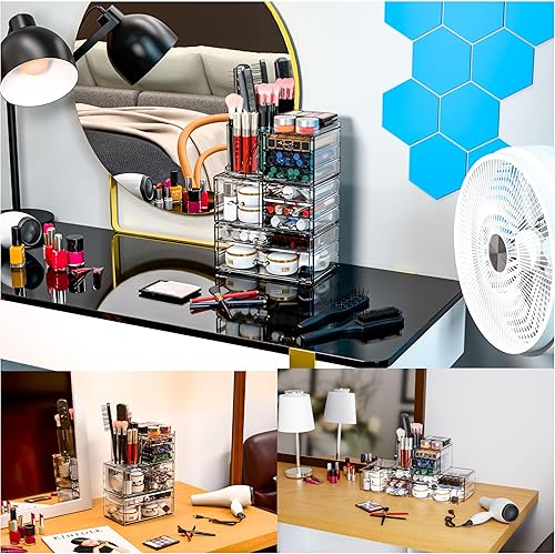 Miniatura 5 de SuoXing Paquete de 3 Organizadores de Maquillaje de Acrílico Transparente para Tocador con 9 Cajones, Organizadores de Cuidado de la Piel para