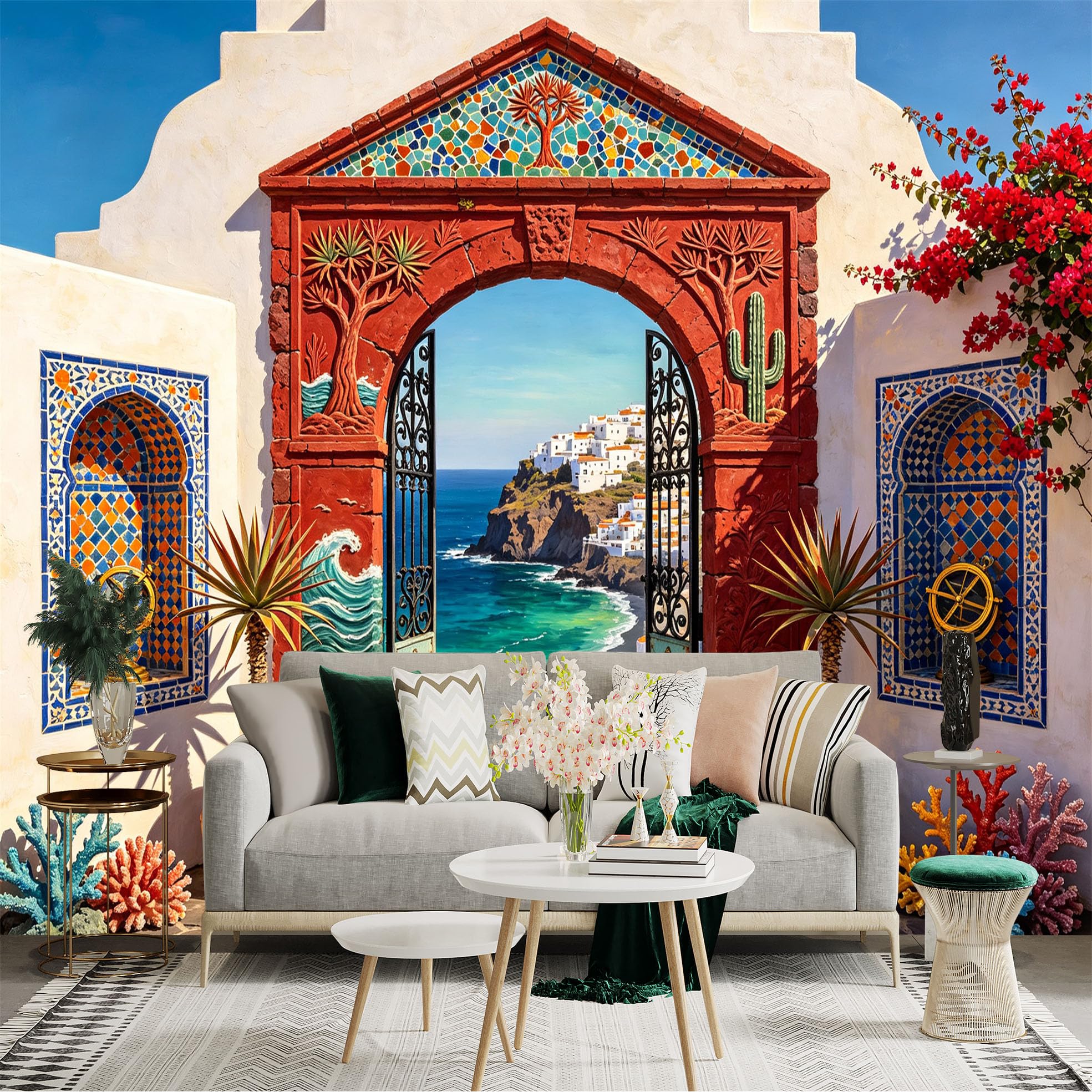 Custom Size Wall Sticker Mural， Mediterranean Coastal Archway， Ocean Cliff Village， Mosaic Courtyard， for wall Decoration， peelandstick wall Decals.