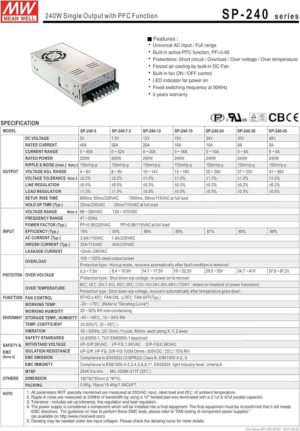 Mean Well SP-240-15 Detailed Specifications Sheet