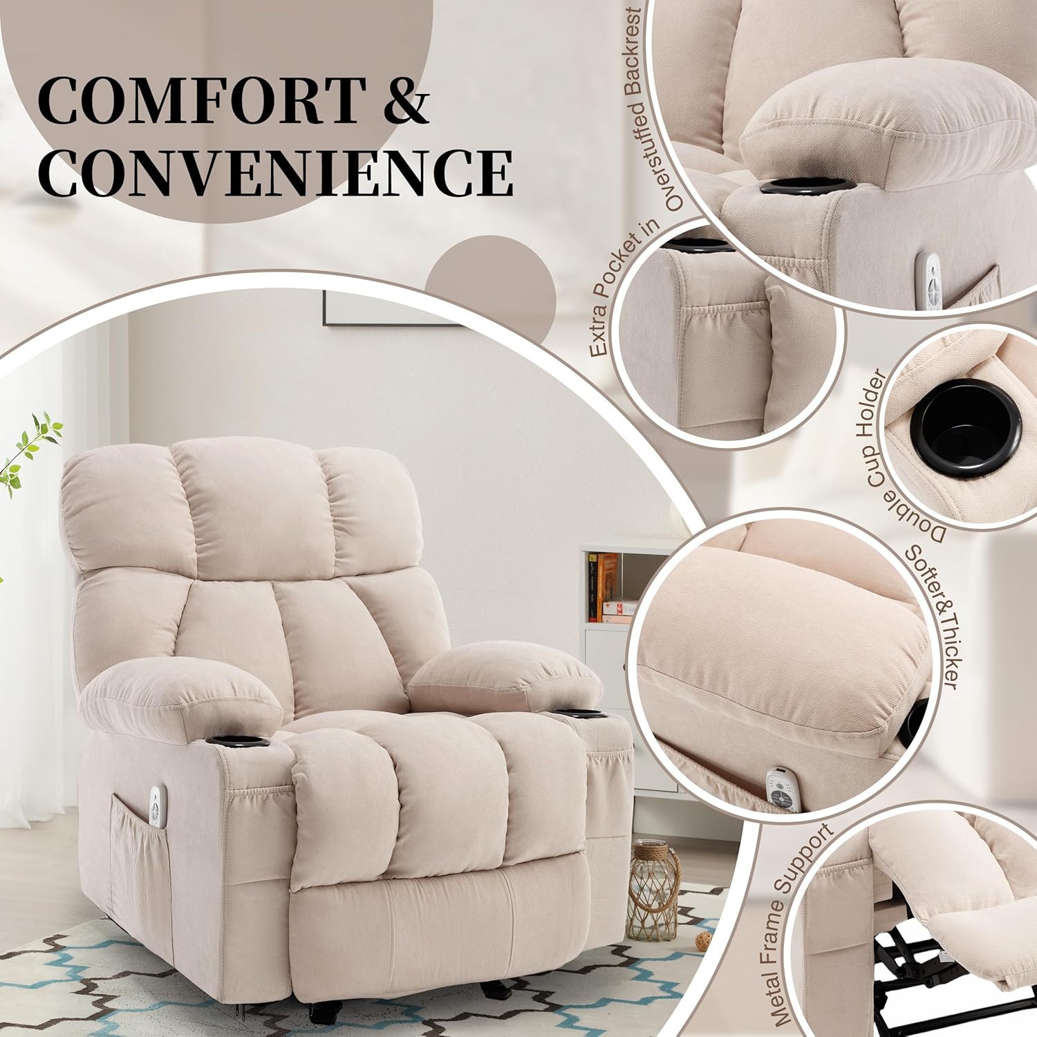 Recliner Chair with Massage Rocker Heat, Ergonomic Oversized Reclining Lounge Chair with Side Pockets, USB Charging Port, Sturdy Metal Frame, Overstuffed Nursery Rocking Chairs for Living Room