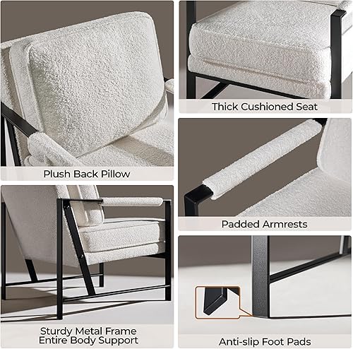 Miniatura 5 de Yaheetech Teddy Boucle - Sillón de tela, silla de ocio retro con acolchado y cojín extrasuave, moderna silla de lectura con marco de metal negro