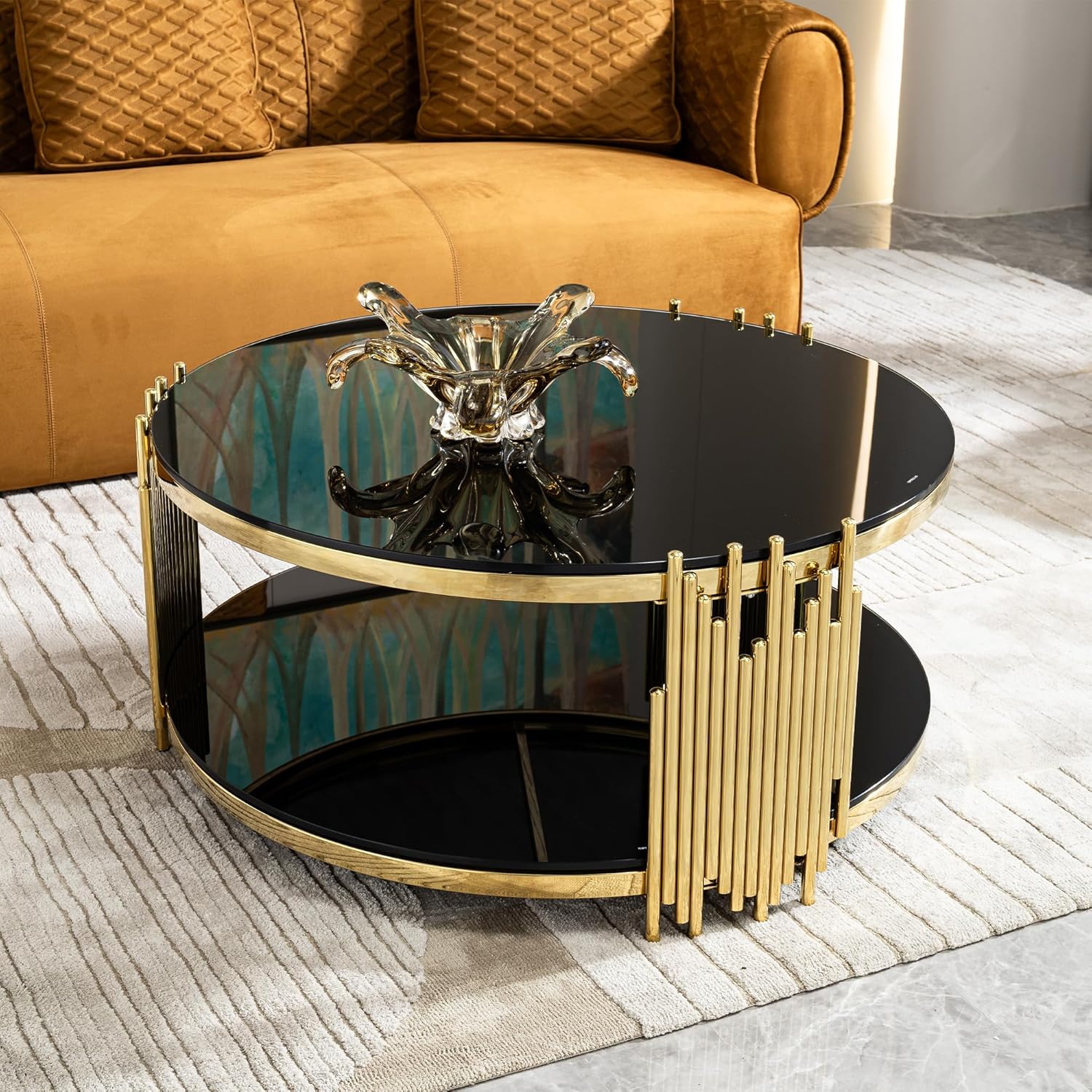 37.2" Black and Gold Glass Coffee Table with Storage, Circle Center Table with Shelf, 2 Tier Round Coffee Table for Living Room Modern Mirror Coffee Table, Circular Metal Drum Base