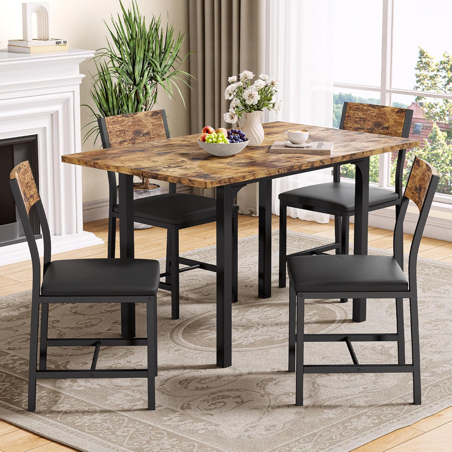 IRONCK 5-Piece Dining Table Set for 4, Extendable Kitchen Table Chairs Set of 4, Dining Room Table with 4 Upholstered Chairs, Folding for Small Space, Apartment, Rustic Brown