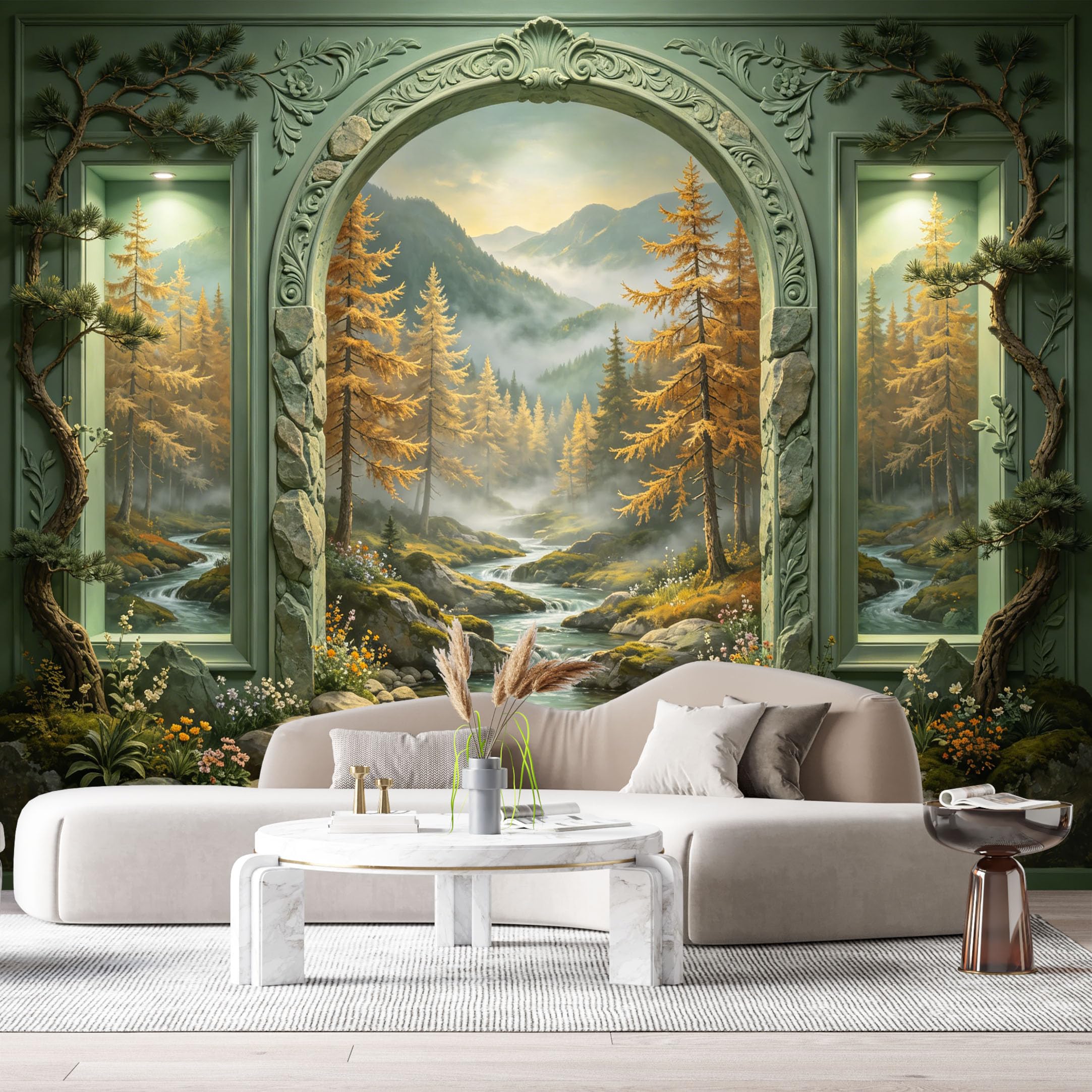 Custom Size Wall Murals Autumn Pine Forest River Mountain Landscape 3D Trompe L'Oeil SelfAdhesiveWall Fabric Removable Wallpaper Wall Decor for Living Room Bedroom Bathroom